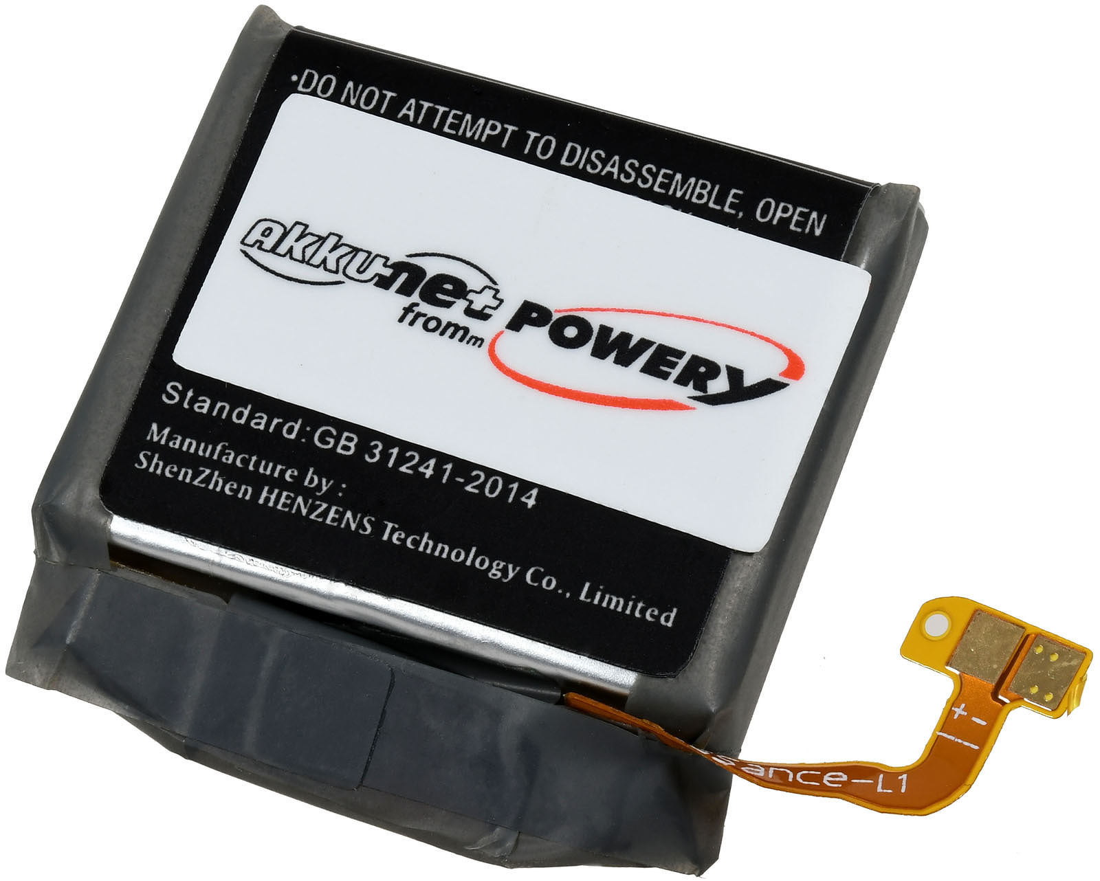 Akkupack mit Etiketten und einem flexiblen Kabel mit einem Anschluss für ein Gerät.