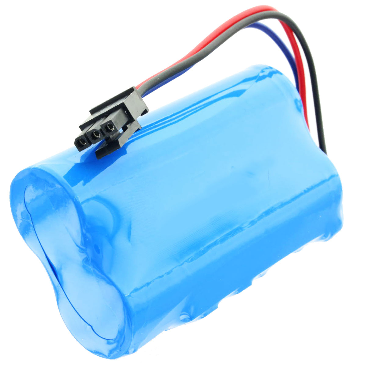 Blaue zylindrische Batterie mit schwarzen und roten Drähten und einem schwarzen Stecker. Weißer Hintergrund.