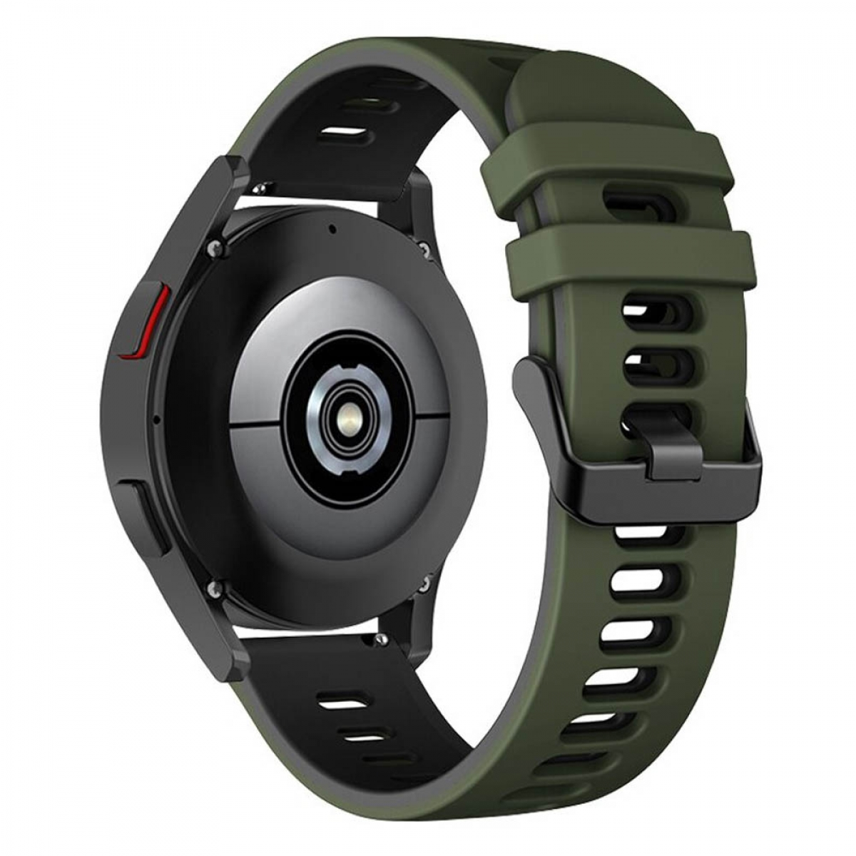 Schwarze Smartwatch mit grünem Armband. Das Armband hat eine schwarze Schnalle. Schwarzer Hintergrund.
