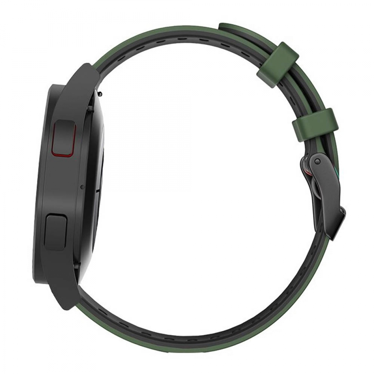 Schwarze Smartwatch mit grünem Armband. Seitenansicht. Das Armband ist grün und schwarz. Roter Knopf an der Seite.