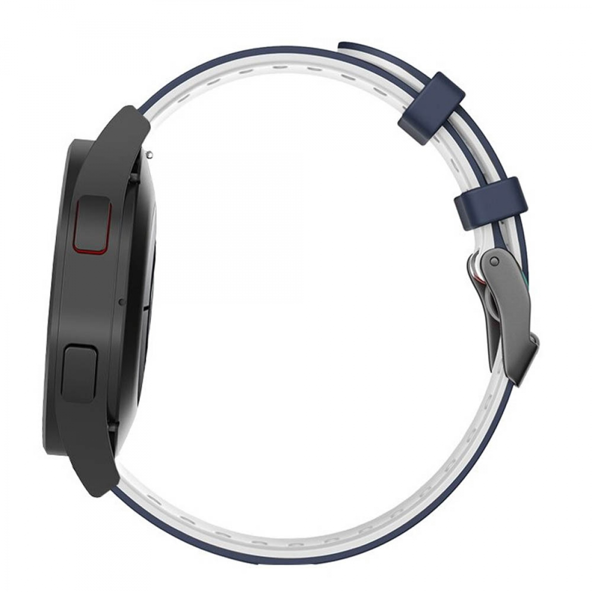 Eine schwarze Smartwatch mit weiß-blauem Armband. Die Uhr ist von der Seite zu sehen.