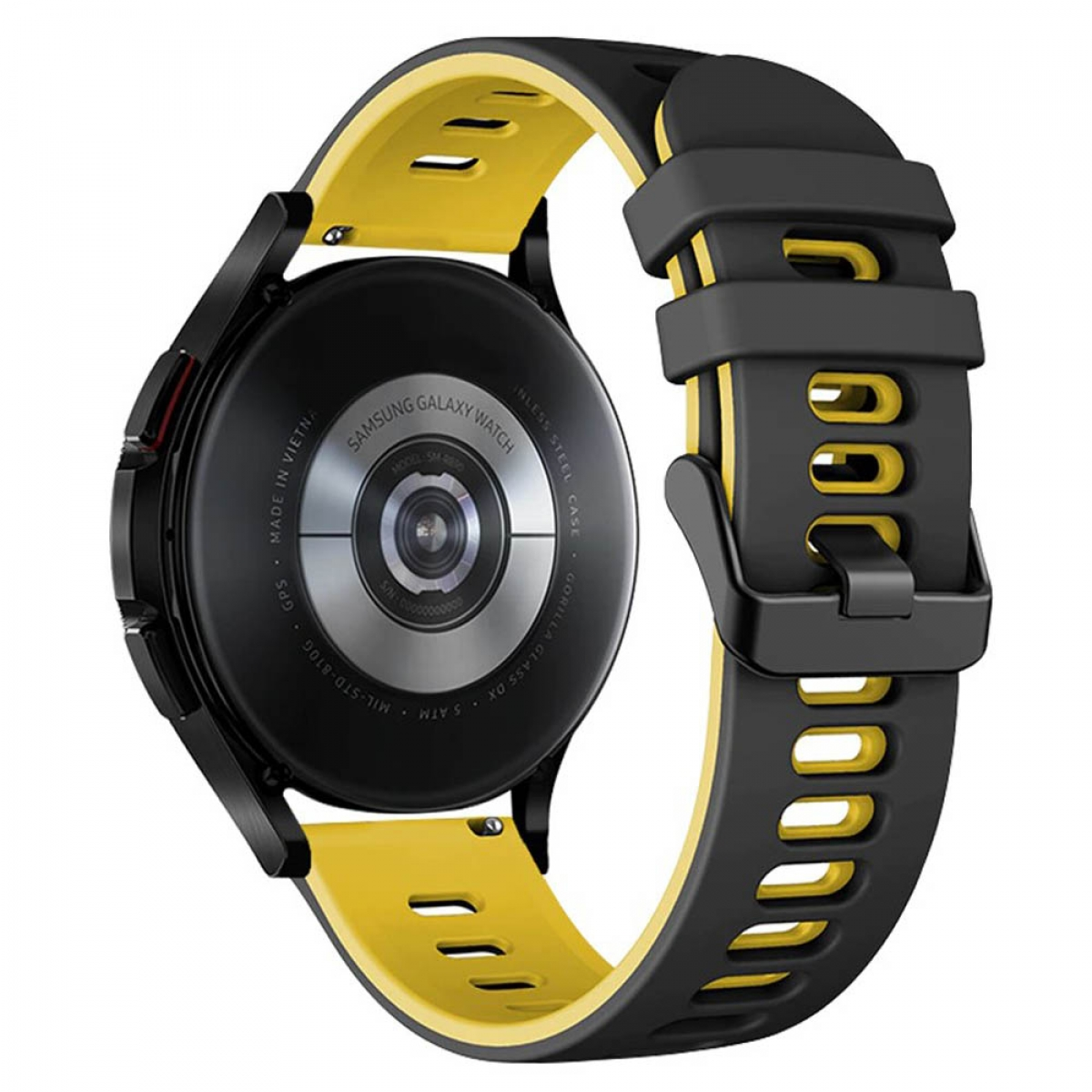 Smartwatch mit schwarzem und gelbem Band, Rückseite der Uhr sichtbar.
