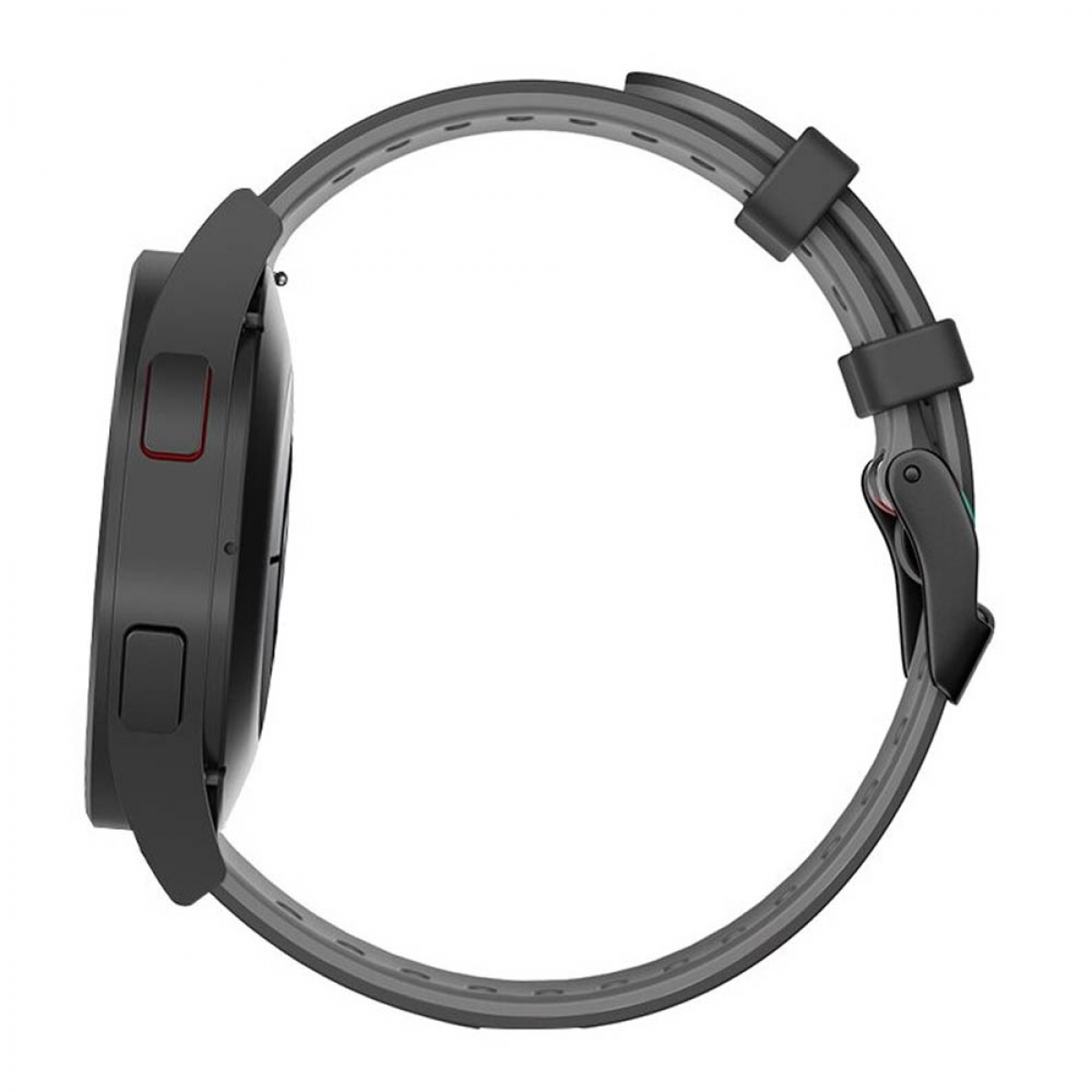 Seitenansicht einer schwarzen Smartwatch mit grauem Armband. Das Armband hat eine Schnalle und einen Verschluss.