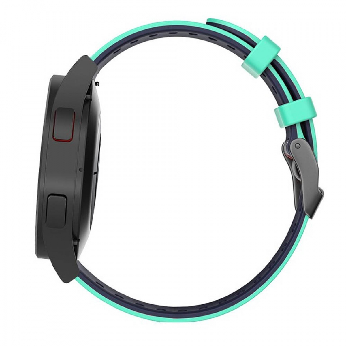 Schwarze Smartwatch, Seitenansicht. Hat einen roten Knopf und ein blaues Armband.