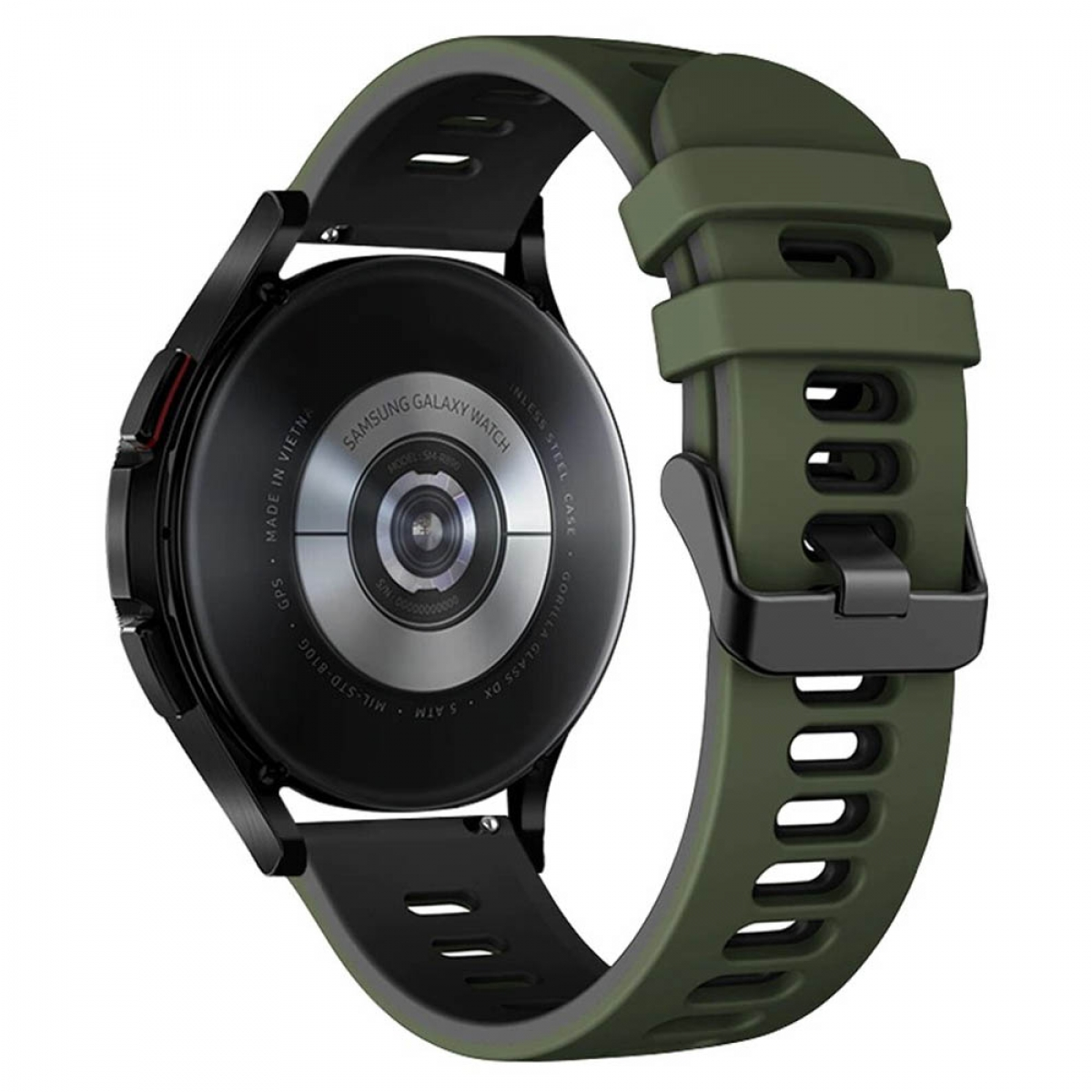 Schwarze Samsung Galaxy Watch, grünes Armband. Rückseite der Uhr zeigt Details. Weißer Hintergrund.