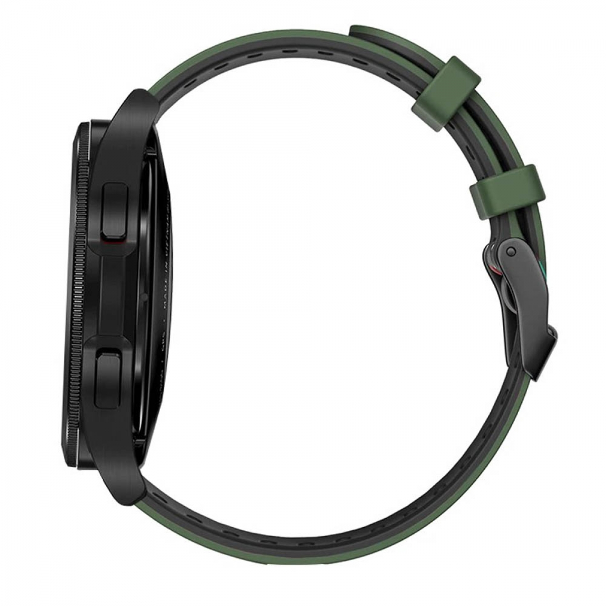 Seitenansicht einer schwarzen Smartwatch mit grünem Armband und schwarzer Schnalle.