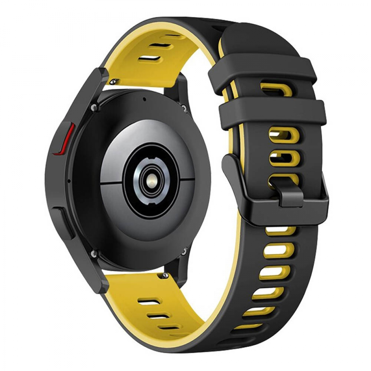 Eine schwarze Smartwatch mit gelbem Armband. Die Uhr ist von der Unterseite mit sichtbaren Sensoren zu sehen.