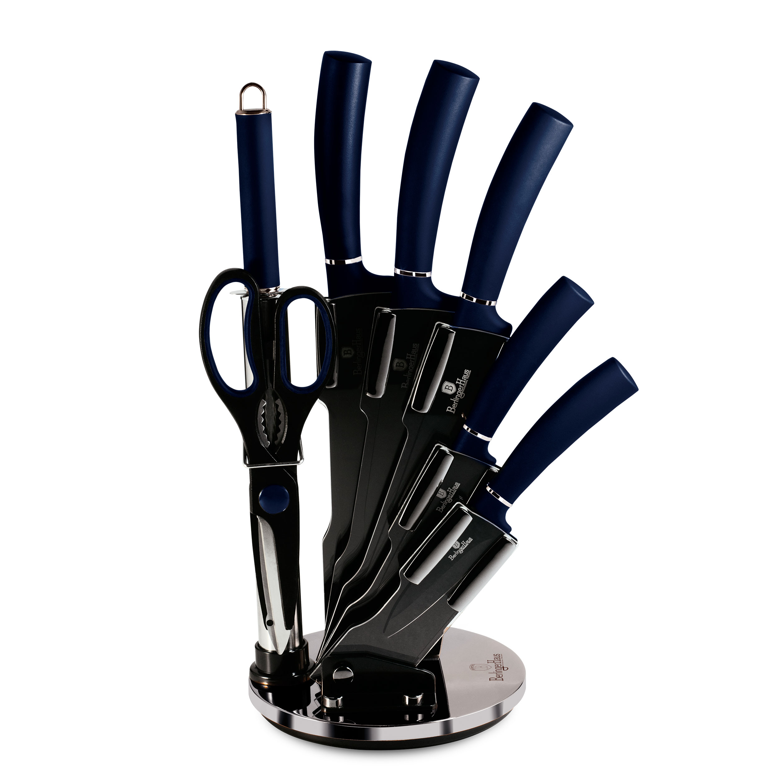 Haus Rose Gold juego cuchillos profesional 8 piezas acero inoxidable recubrimiento antiadherente soporte cocinero cebollero santoku chaira tijeras diseño metallic set de berlingerhaus