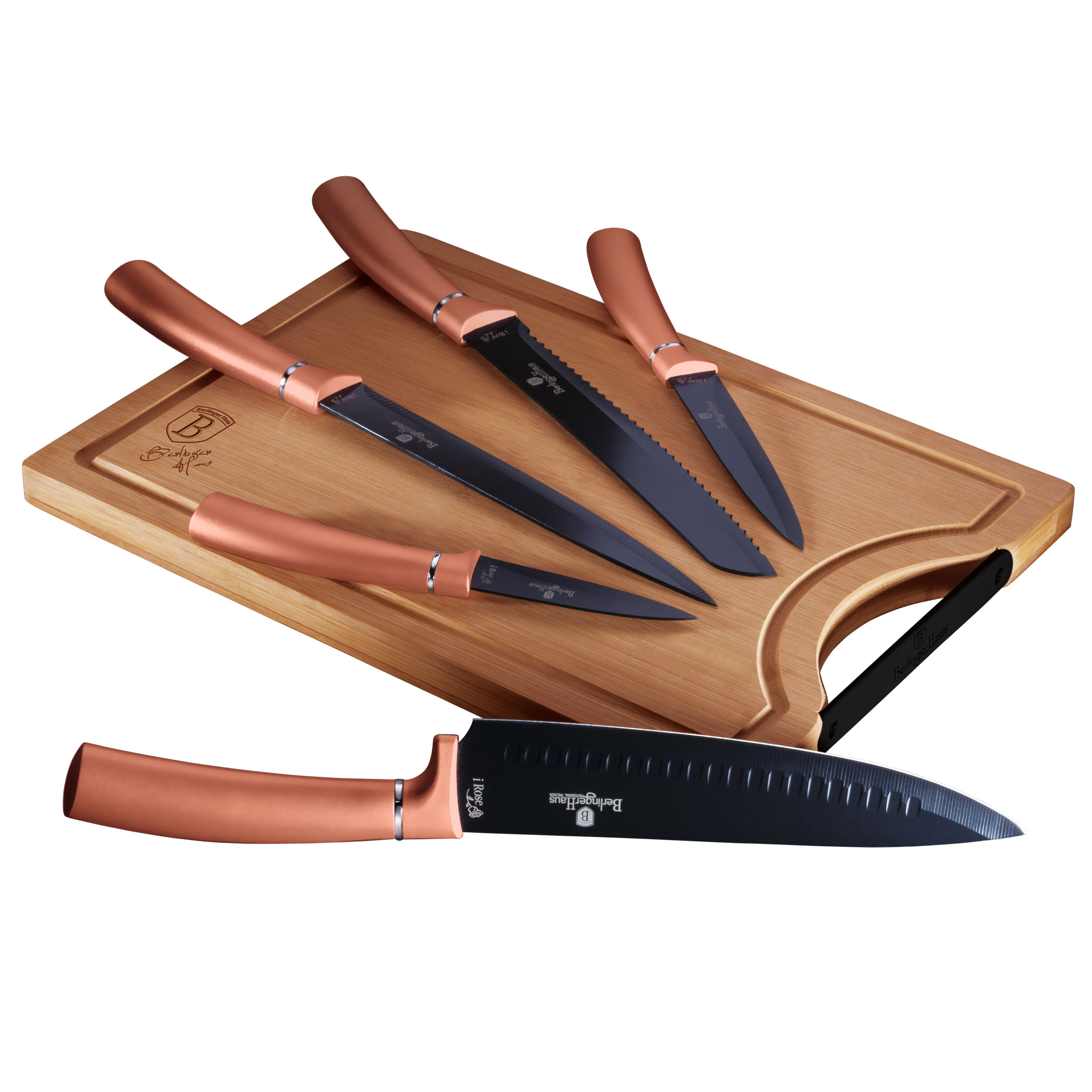 Set de cuchillos - BERLINGERHAUS Rose Gold, Juego Cuchillos Cocina Profesional Acero Inoxidable, Cocinero Cebollero, Rebanador Tabla