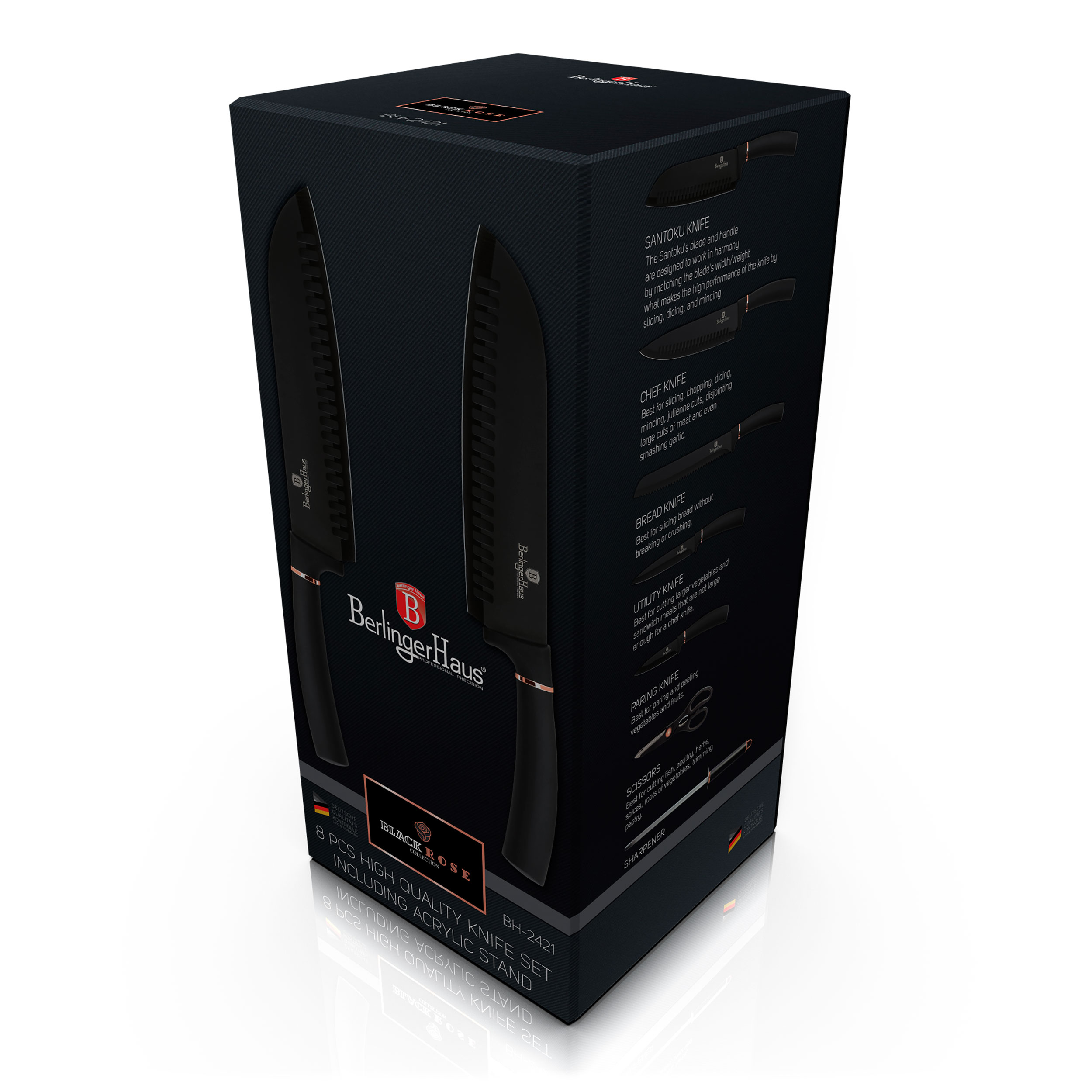 Caja de juego de cuchillos negros con cuchillos. Incluye texto e imágenes de los cuchillos.