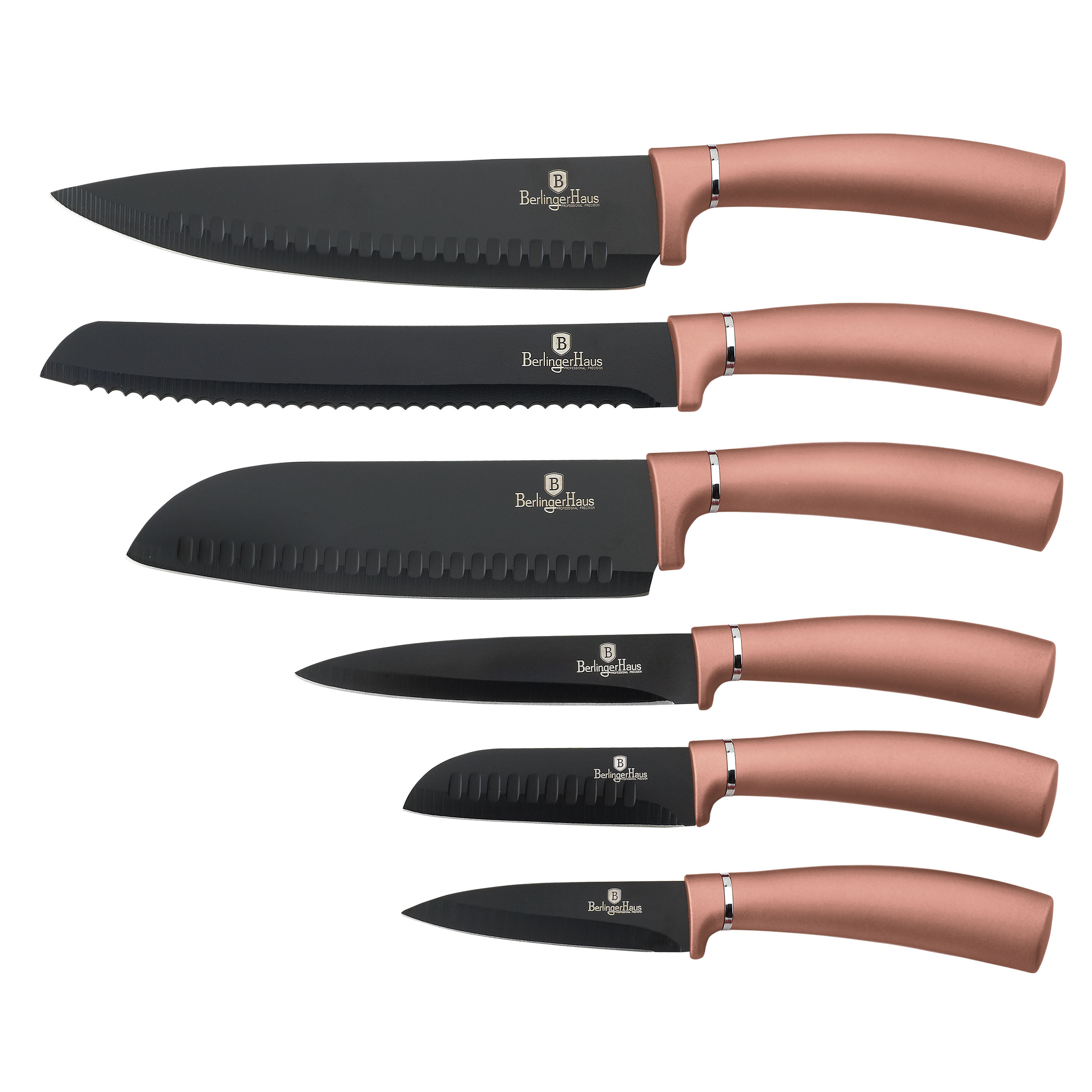 Berlinger Haus Rose gold juego 6 cuchillos profesional hoja acero inoxidable recubrimiento antiadherente cocinero cebollero pan santoku pelar mango diseño metallic set de