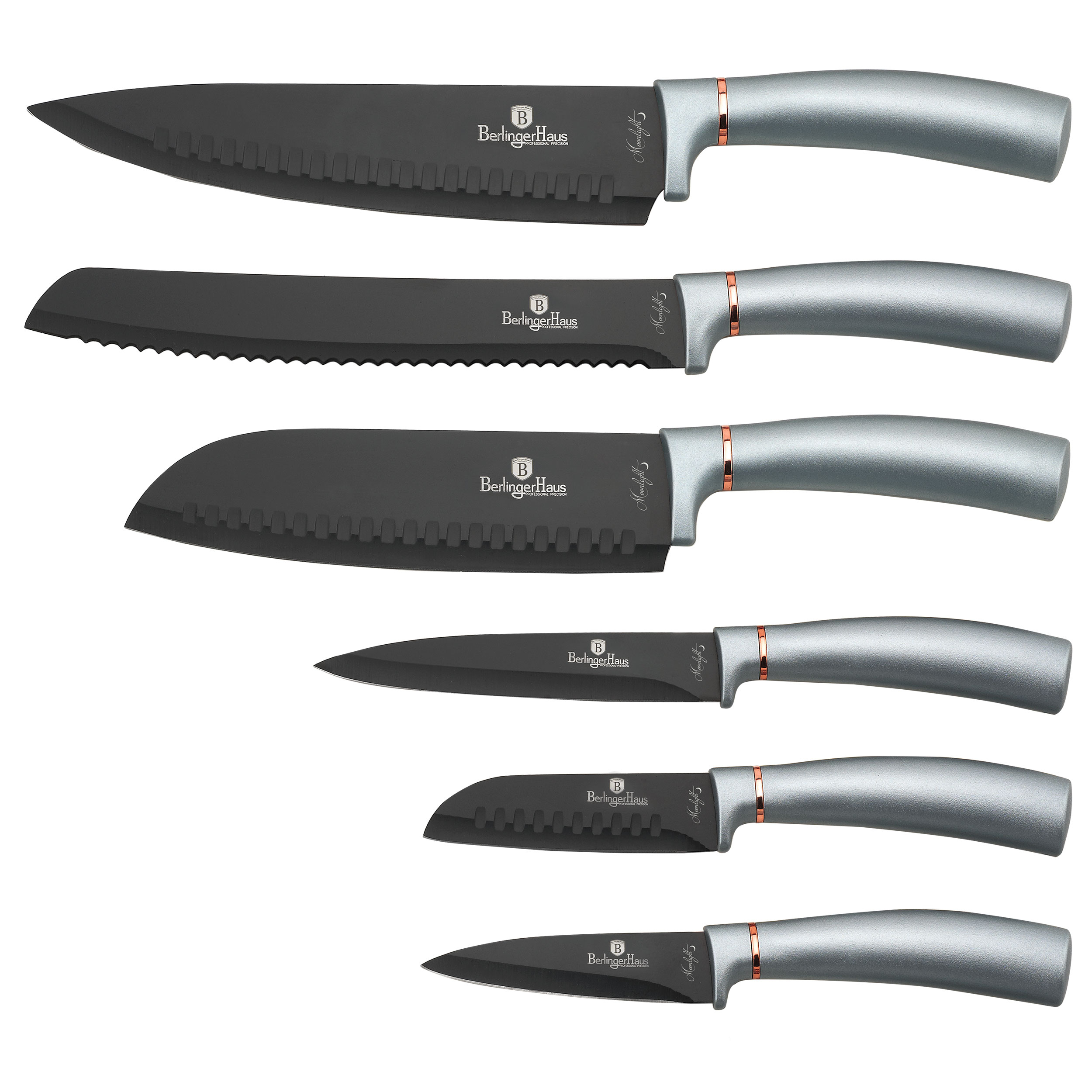 Set de cuchillos - BERLINGERHAUS Moonlight, Juego 6 Cuchillos Cocina Profesional, Hoja Acero Inoxidable, Cocinero, Cebollero, Pan, Sa