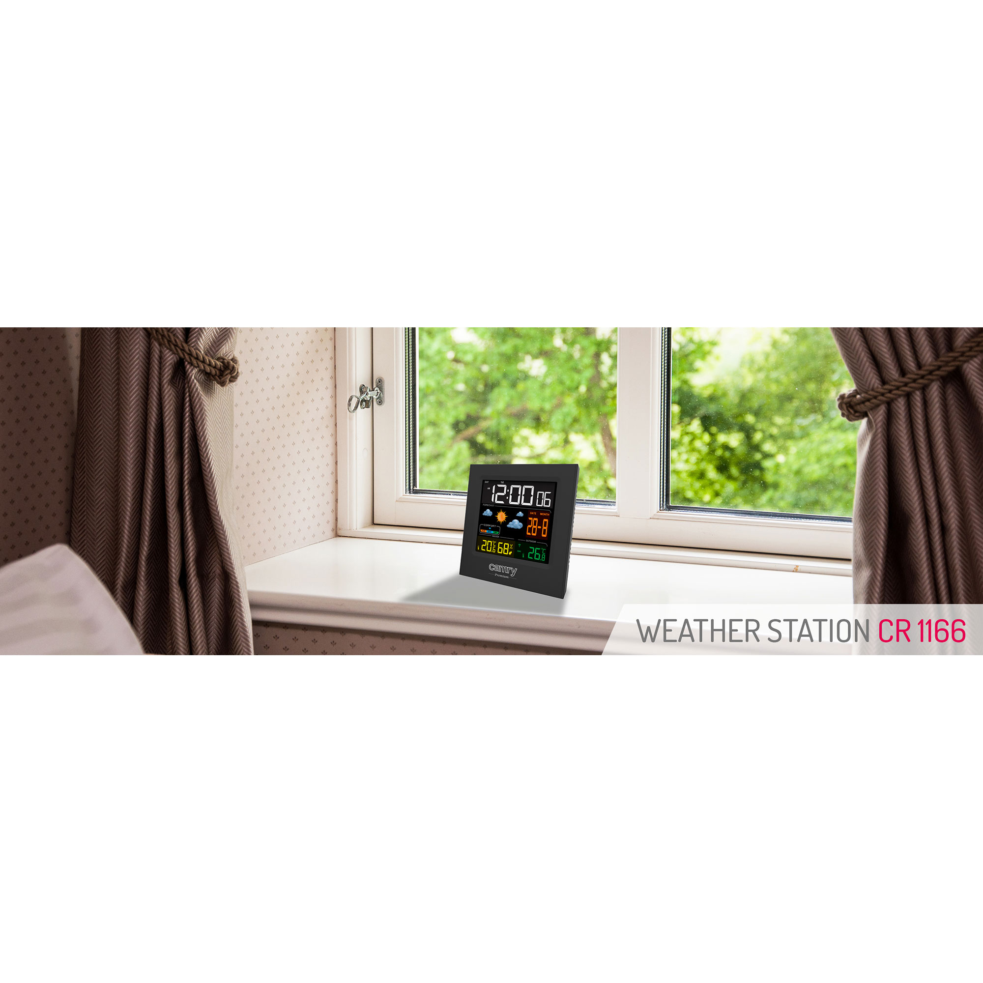 Stacja pogodowa z cyfrowym wyświetlaczem pokazującym godzinę, datę i warunki pogodowe. Jest blisko okna.