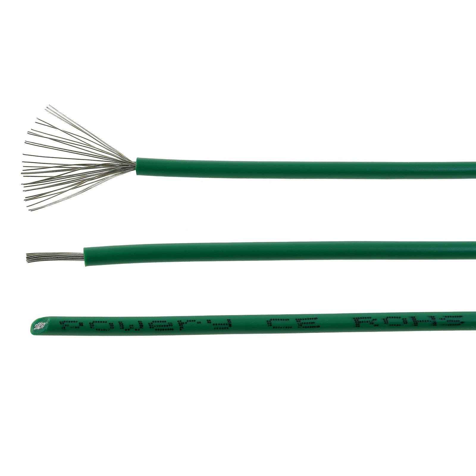 Grünes Kabel mit freigelegten Drähten und Beschriftung.