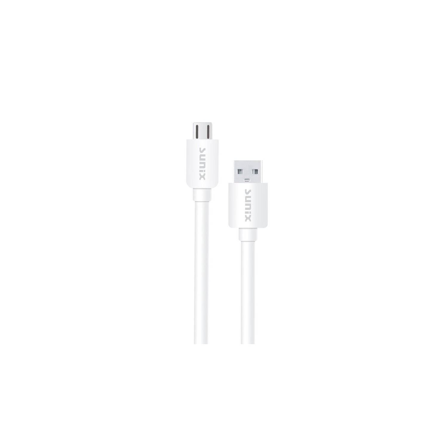 Weißes Sunix USB-Kabel mit USB-A- und Micro-USB-Anschluss auf weißem Hintergrund.