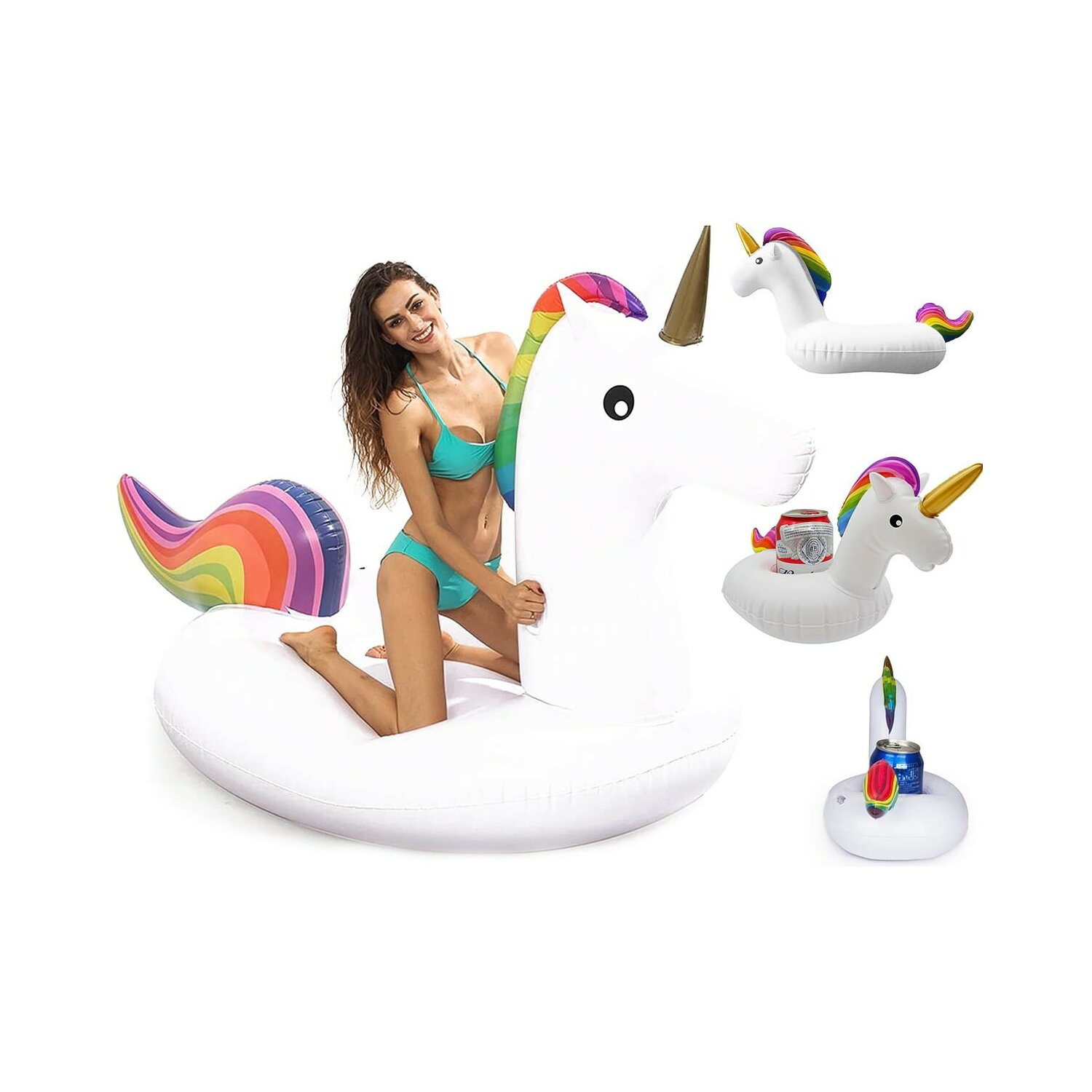 Frau mit Einhorn-Schwimmer. Andere Schwimmer: Einhorn mit Getränkehalter und ein kleineres.