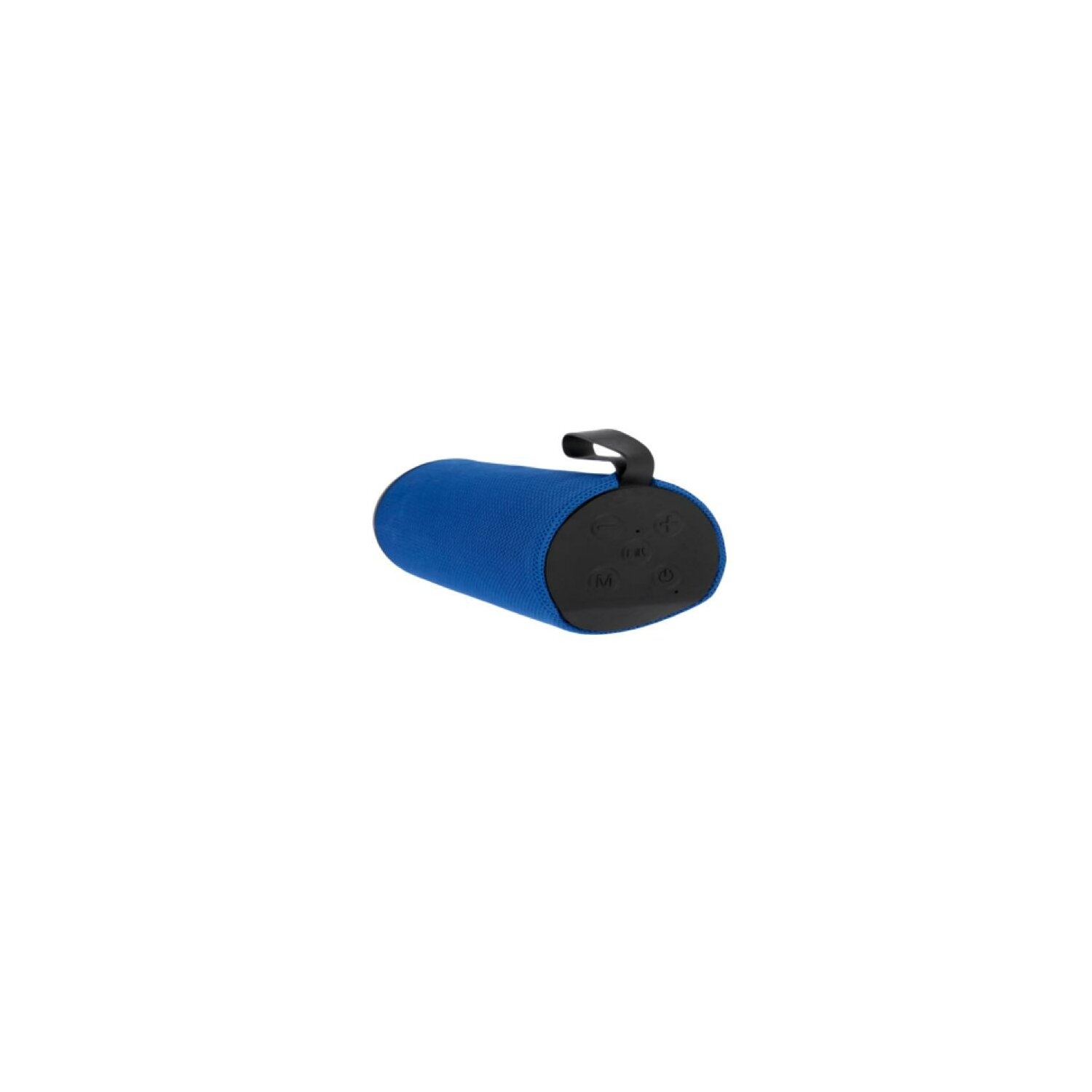 Blauer zylindrischer Lautsprecher mit schwarzem Griff und Knöpfen, auf weißem Grund.