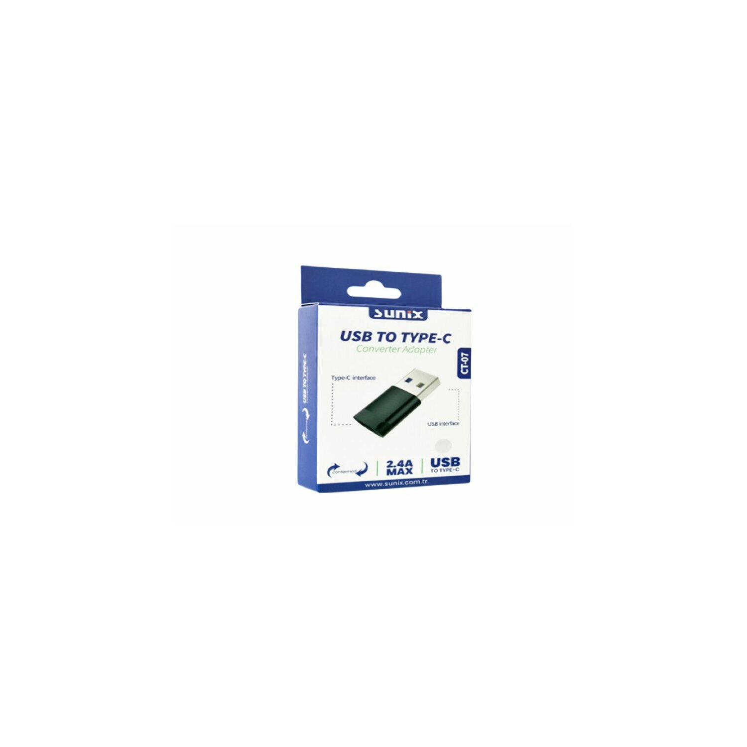 Blau-weiße Box für USB-zu-Typ-C-Konverteradapter, mit schwarzem Adapter.