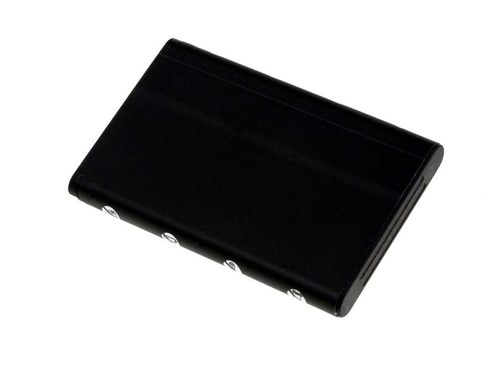 Dispositivo electrónico negro, rectangular y pequeño sobre fondo blanco.