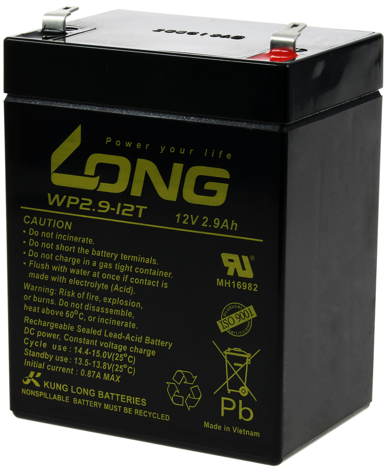 Schwarze rechteckige Batterie mit weißem Text. Sie hat Anschlüsse und Sicherheitshinweise.