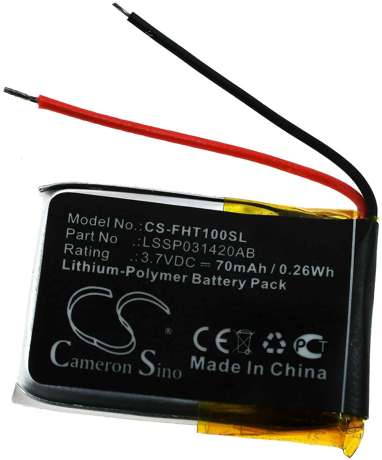 Eine Batterie mit schwarzen und roten Drähten und einem schwarzen Etikett mit Infos auf weißem Hintergrund.
