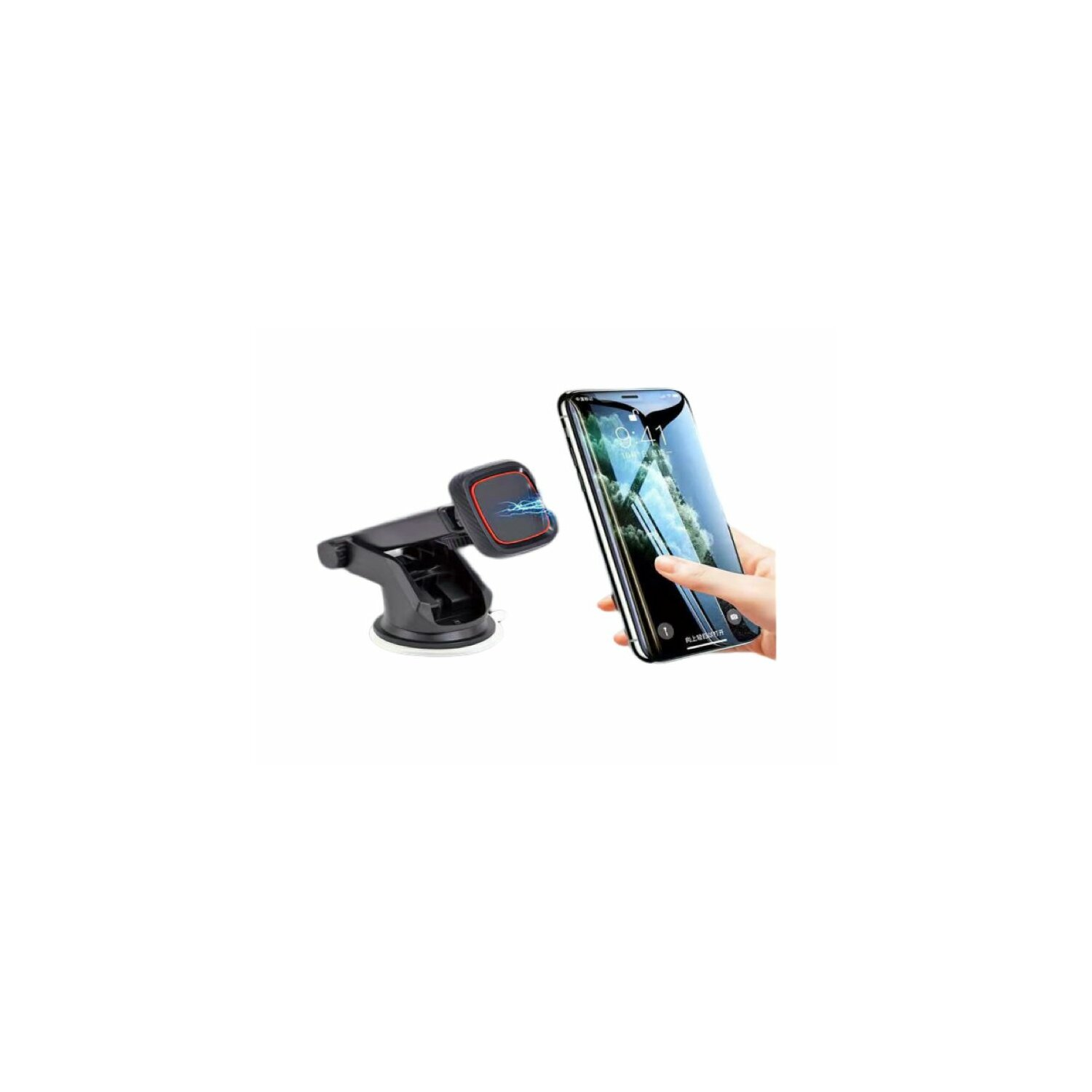 Ein schwarzer Autotelefonhalter und eine Hand, die ein Telefon mit Displayschutz hält.