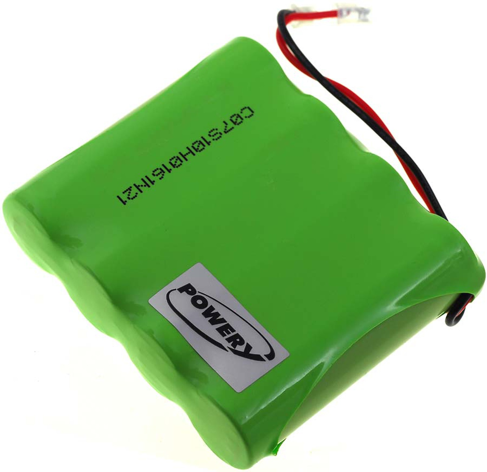 Una batería verde con cables negros y rojos. La batería tiene una pegatina de 'POWER'.