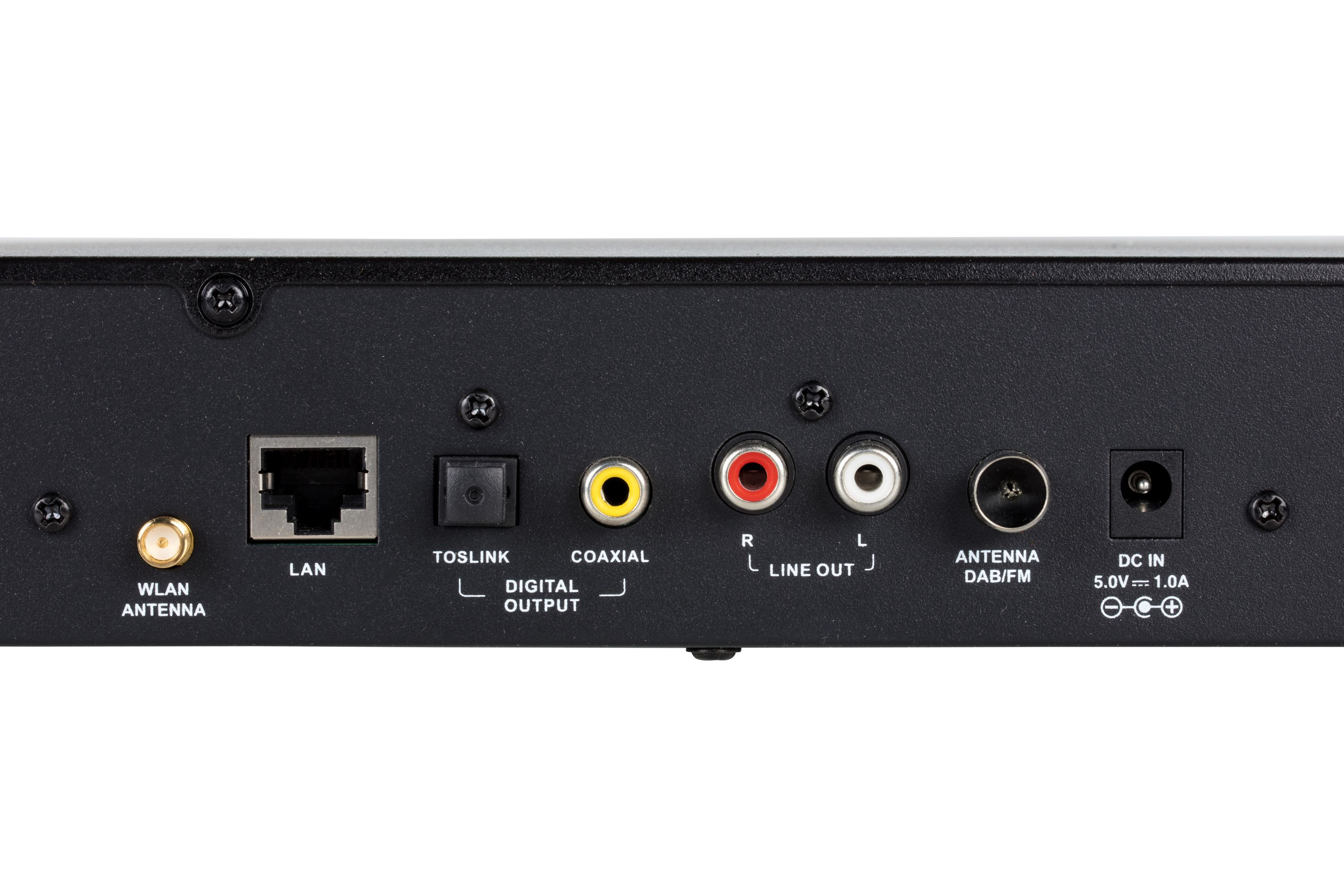 Schwarze Rückseite des Receivers mit verschiedenen Anschlüssen: LAN, Digitalausgang, Koaxial, Line-Out, Antenne, DC-In.