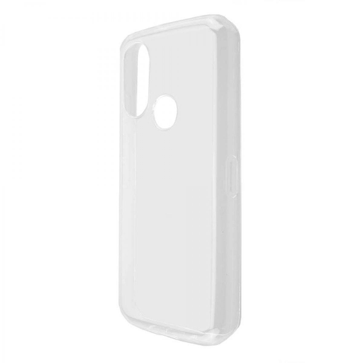 Transparente Handyhülle, Seitenansicht. Sie hat ein Loch für die Kamera und Ausschnitte für Knöpfe. Weißer Hintergrund. Schlichtes und sauberes Design.