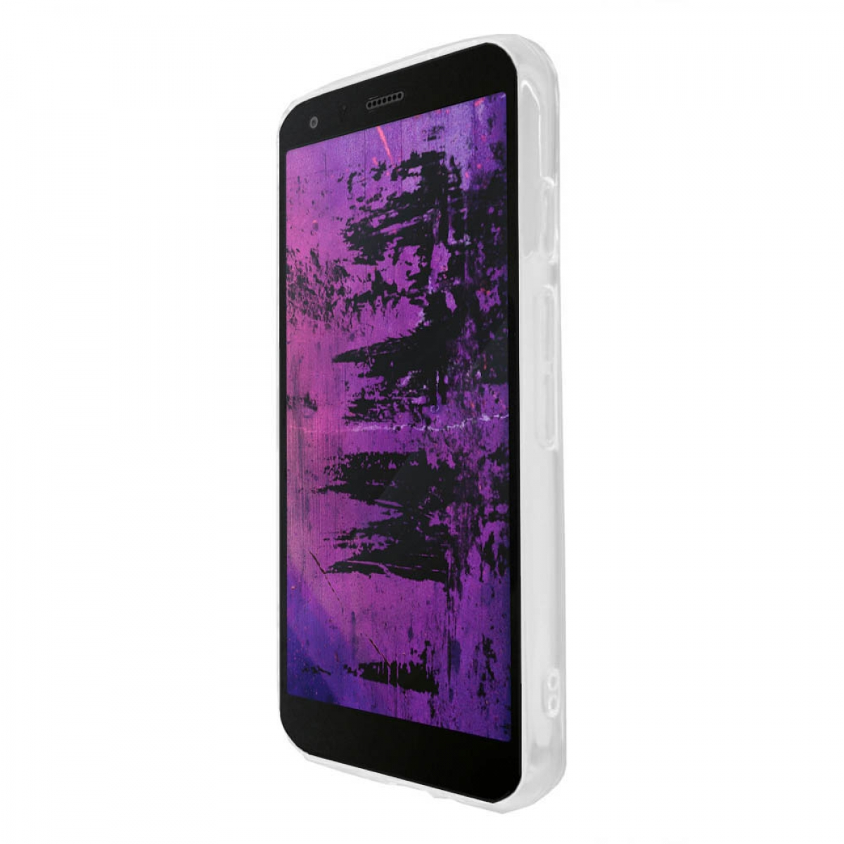 Smartphone mit lila-schwarzem, abstrakten Design, weißem Gehäuse.