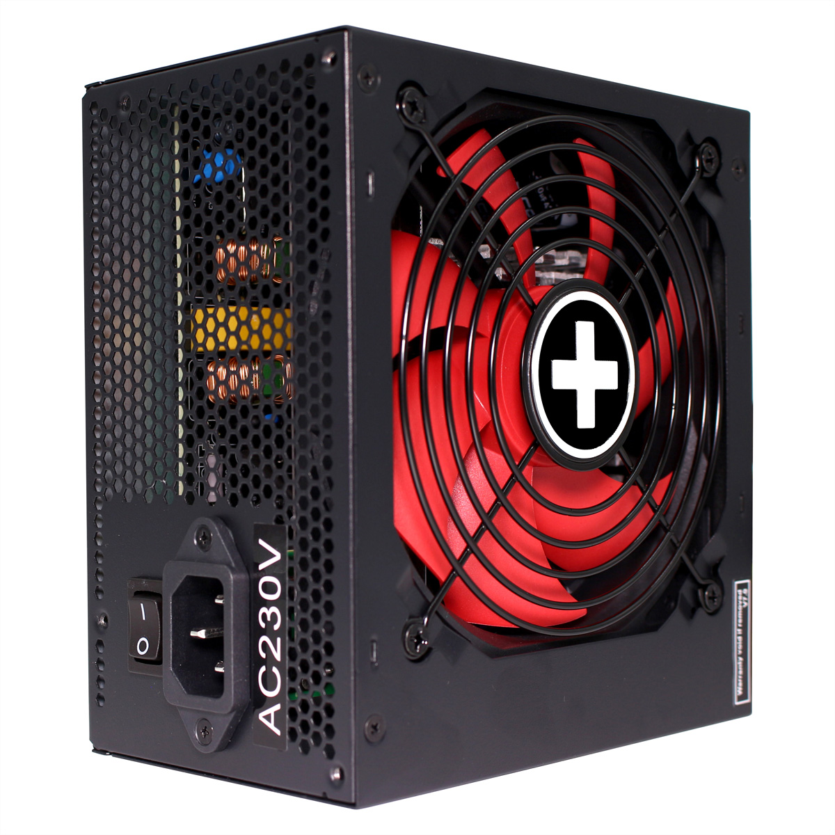 Schwarzes PC-Netzteil mit rotem Lüfter, AC230V-Aufkleber und Netzschalter. Weißer Hintergrund.