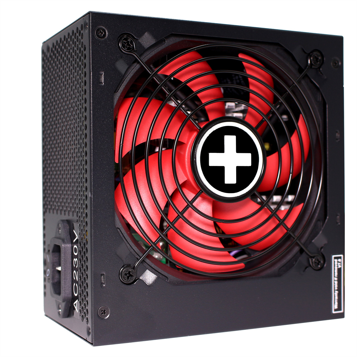 Zwarte voedingseenheid met een rode ventilator en een plus-symbool, en AC 230V label.