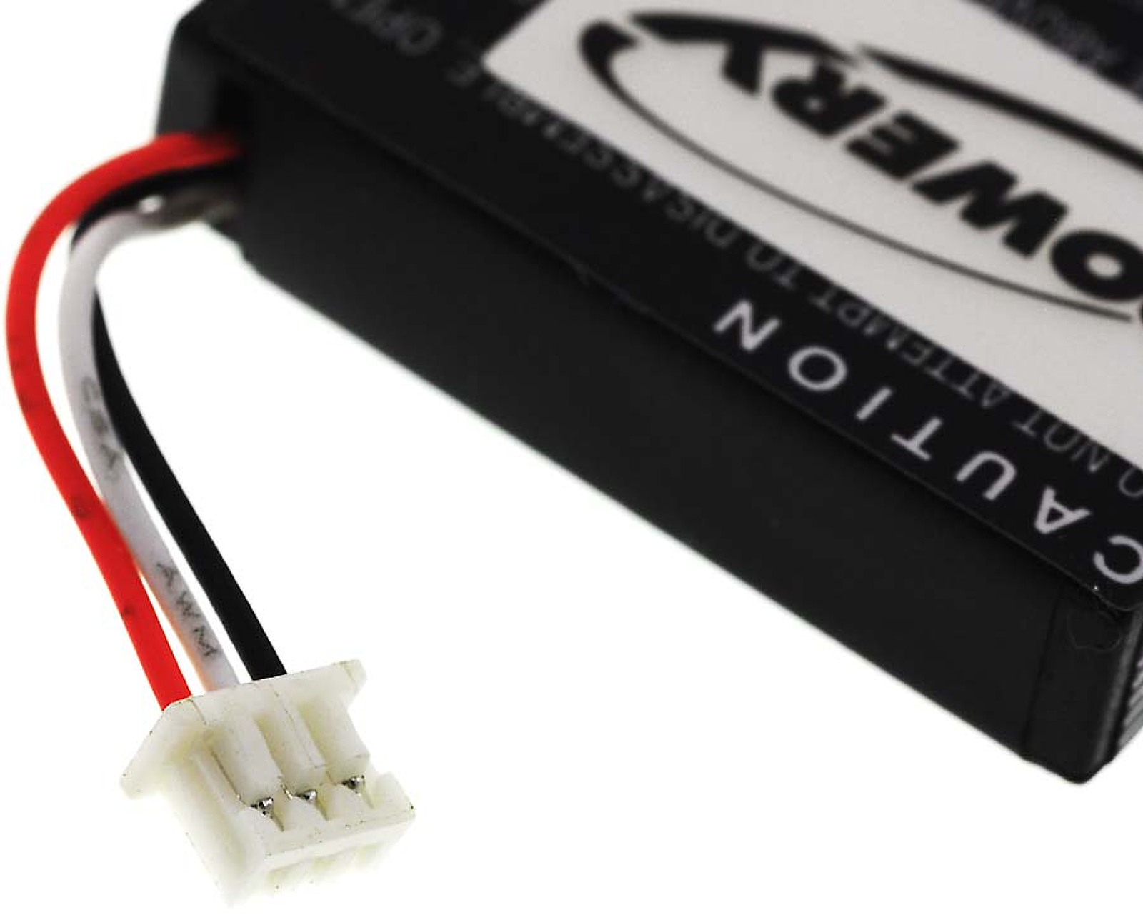 Primer plano del conector de la batería con cables rojos, blancos y negros.