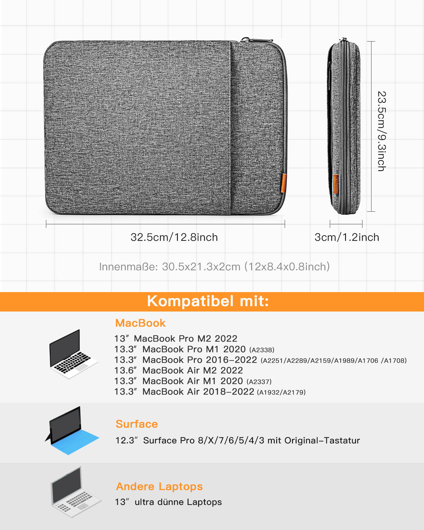 Notebooktasche INATECK M2/M1 13 Surface 2022-2018, Generisch Sleeve grau Hülle für Air Pro M2/M1 Laptoptasche MacBook Pro Polyester, für 2022-2016, MacBook