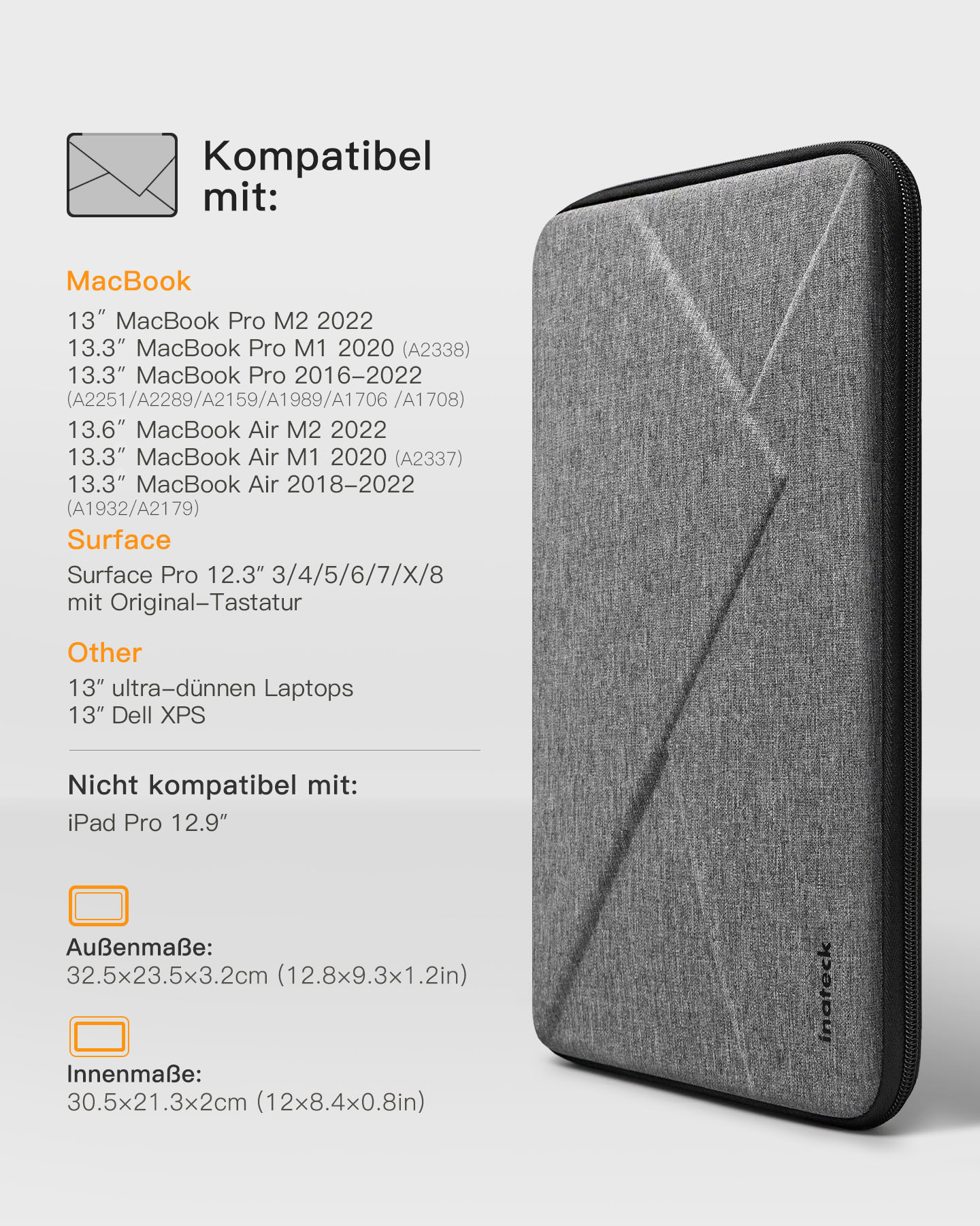 Graue Laptoptasche mit Reißverschluss und Liste kompatibler Geräte links.