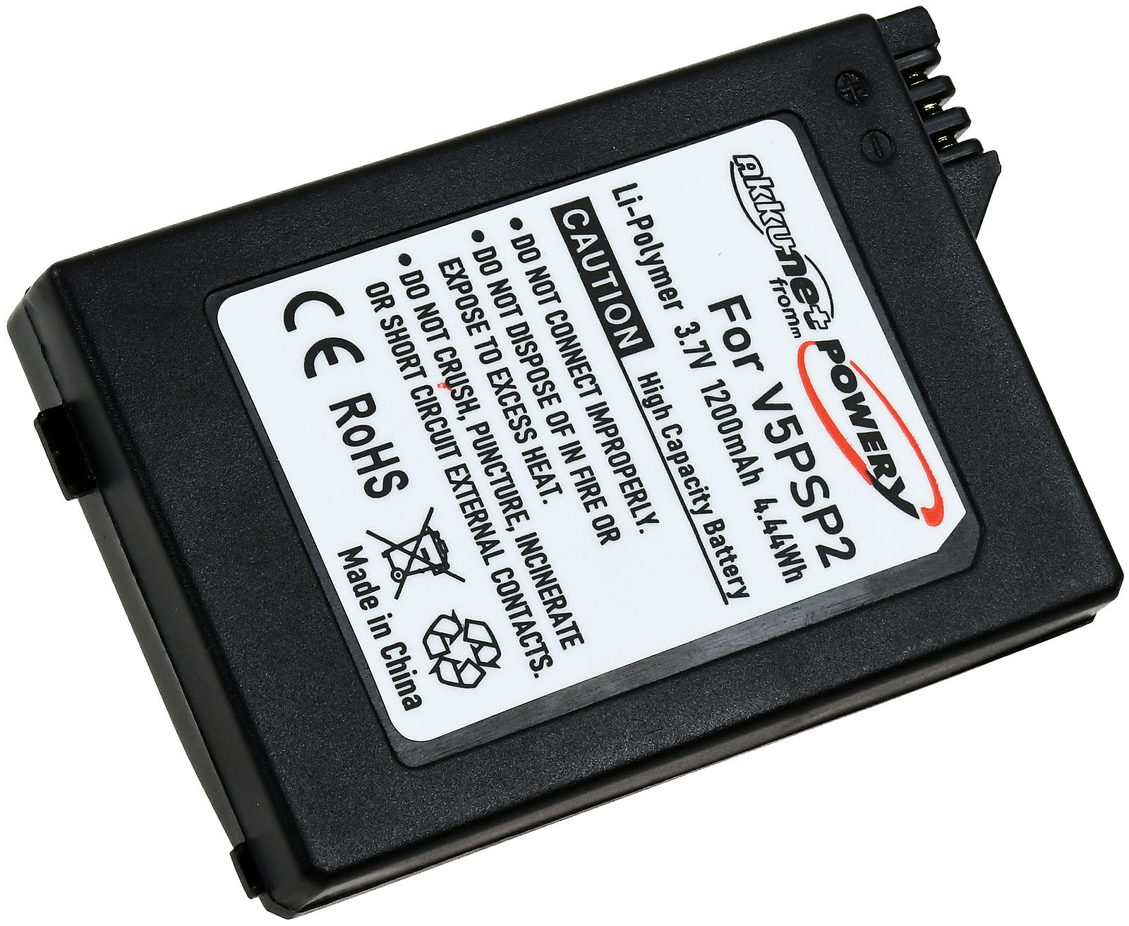 Paquete de baterías negro con etiqueta y texto blancos, con un conector y etiquetas de advertencia.