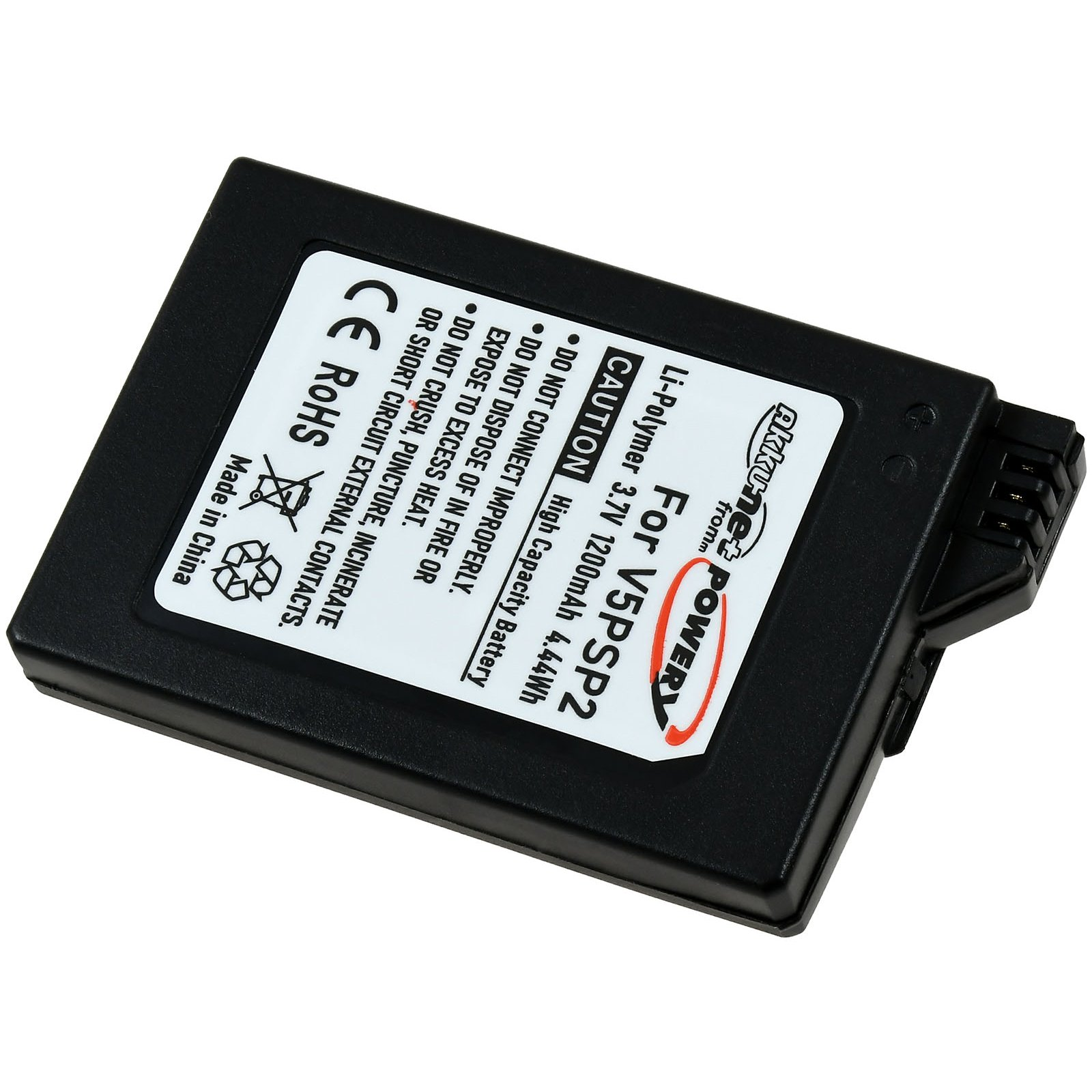Batería negra con texto: Precaución, Li-Polímero, para V5PSP2, 1200mAh, 4.44Wh.