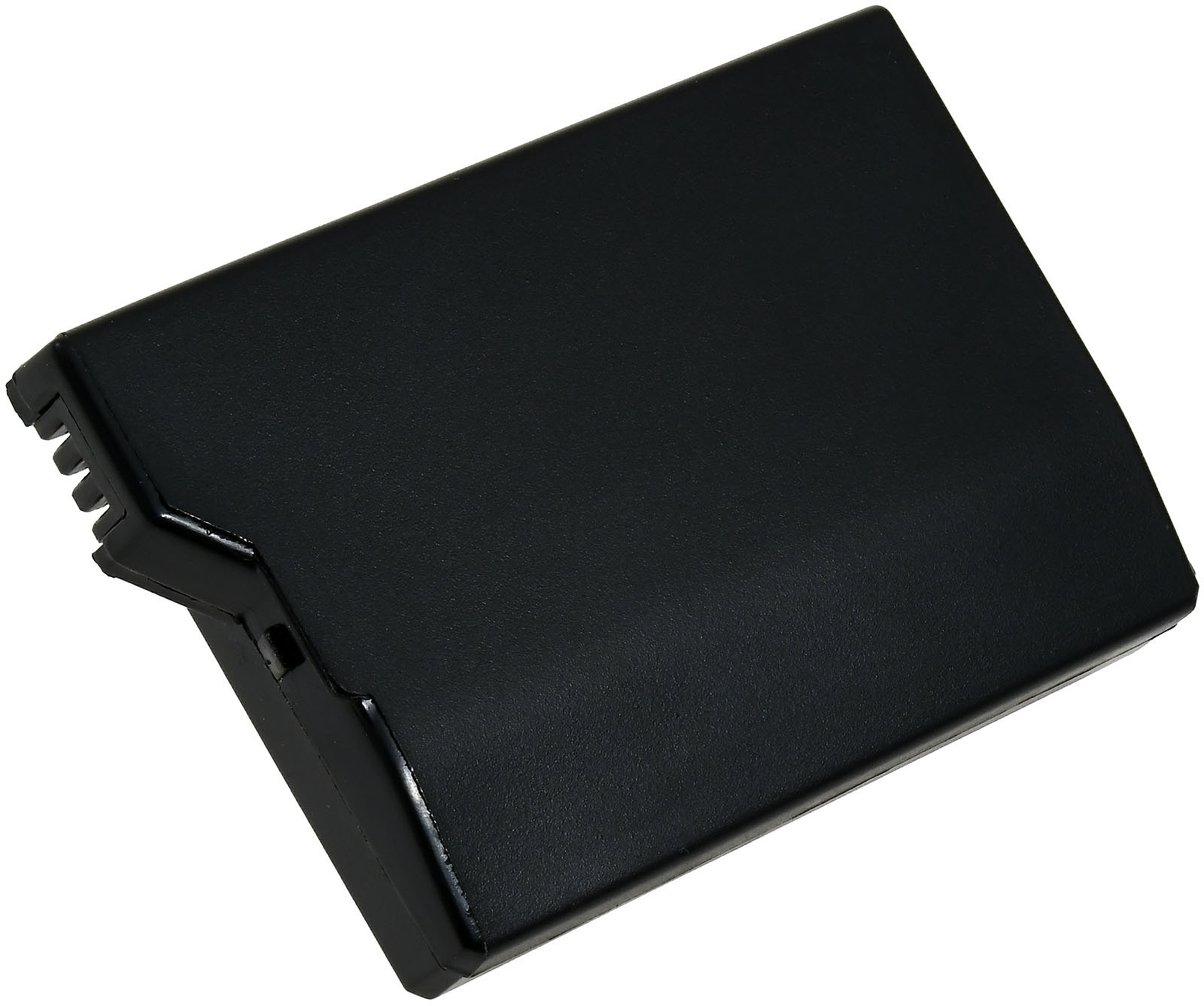 Un paquete de baterías rectangular negro. Tiene una superficie superior lisa y un lado inclinado.