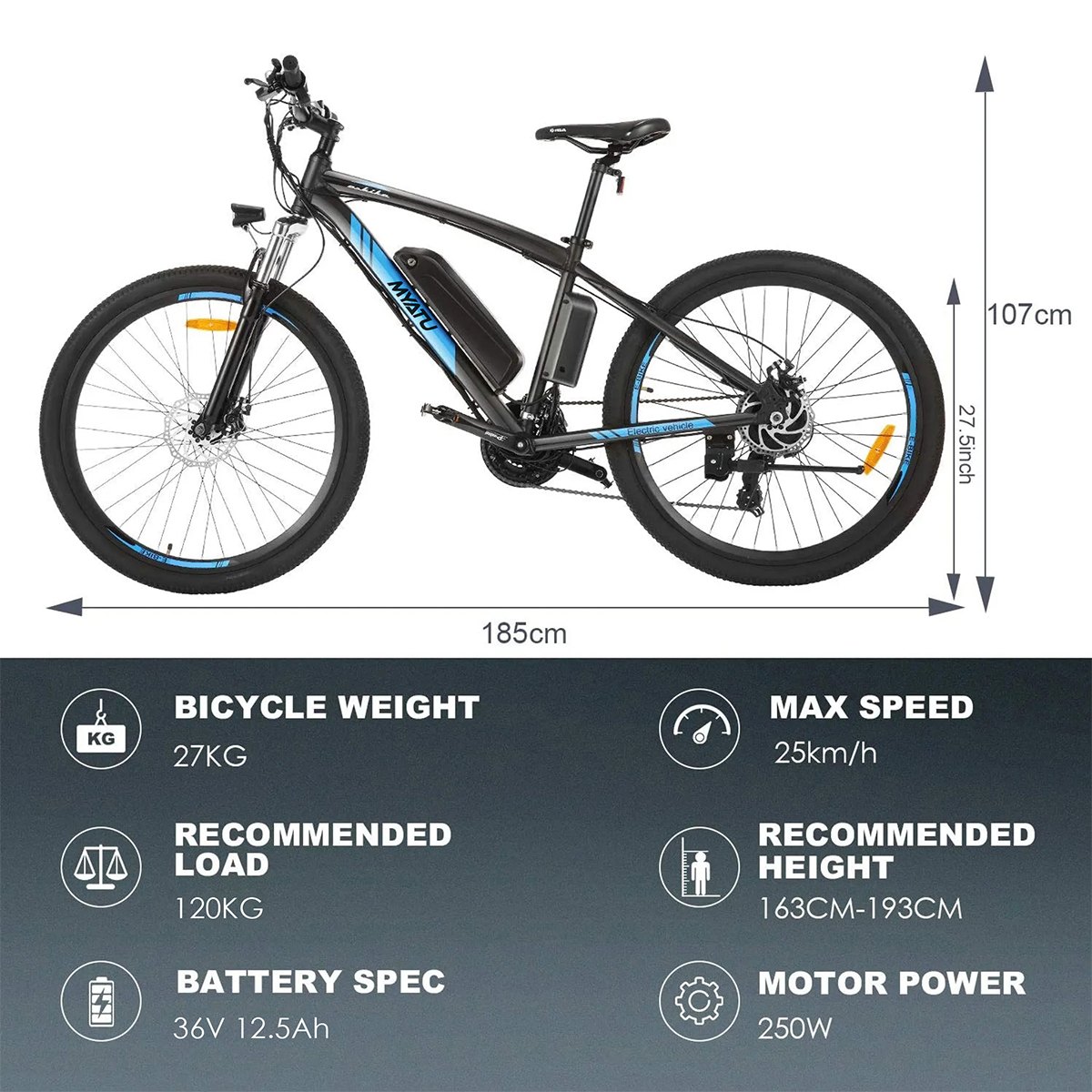 MYATU 5687 Mountainbike (Laufradgröße: Rahmenhöhe: Schwarz 95 Unisex-Rad, Blau) cm, Zoll, 27,5