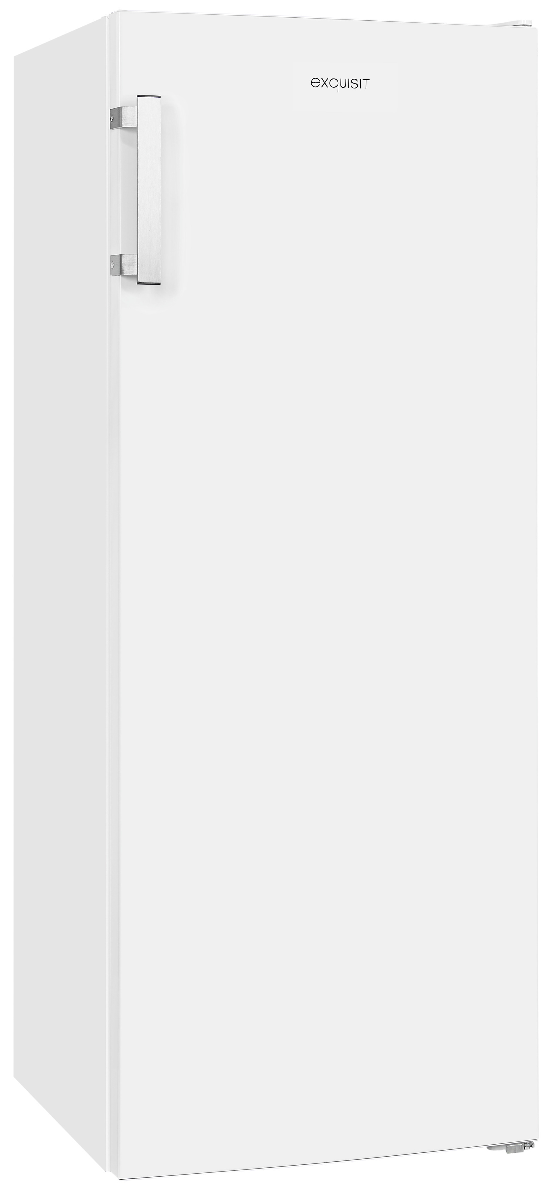 Un refrigerador Exquisit blanco con tirador plateado sobre fondo blanco.