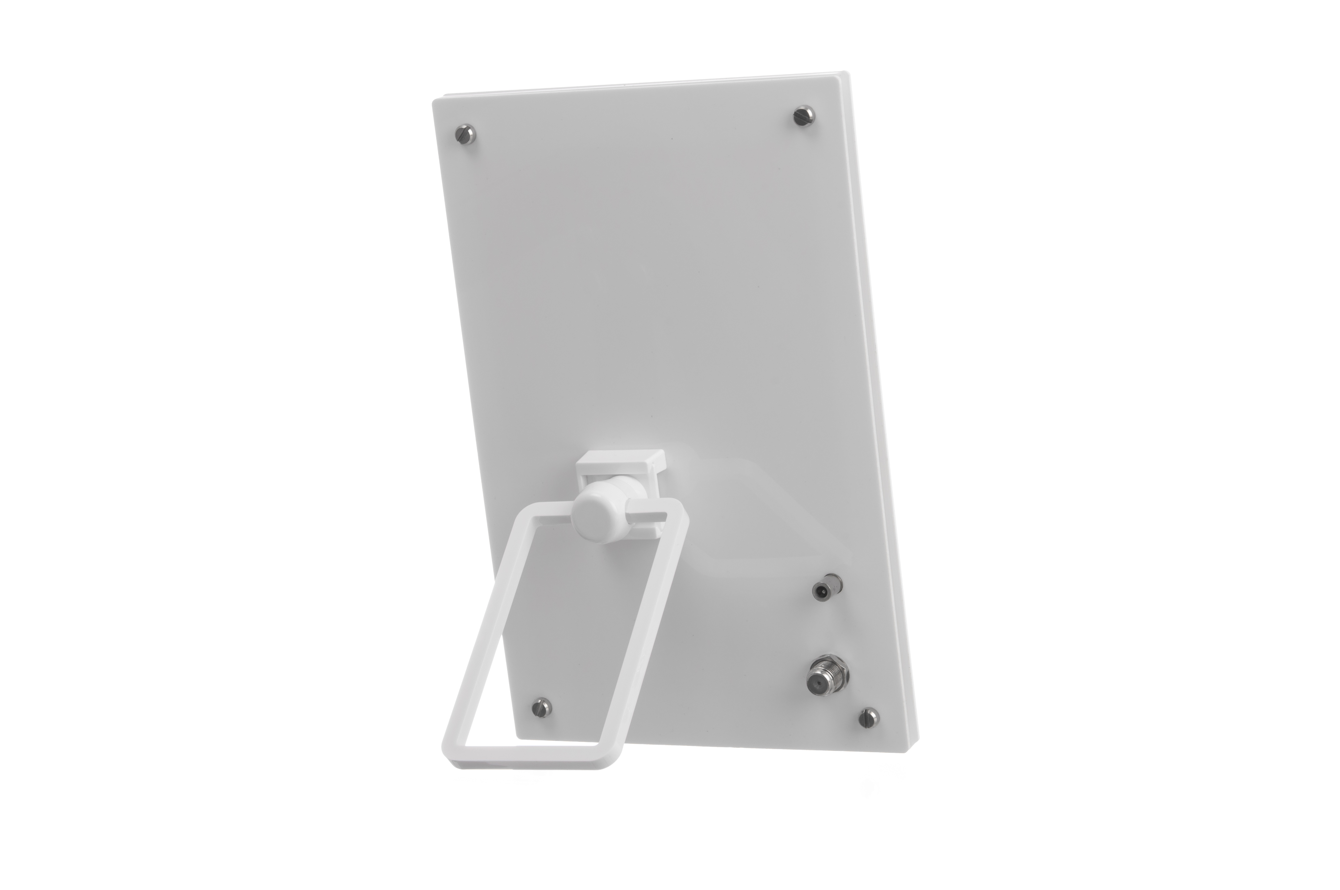 Marco rectangular blanco con soporte trasero. Se ven tornillos y un puerto.