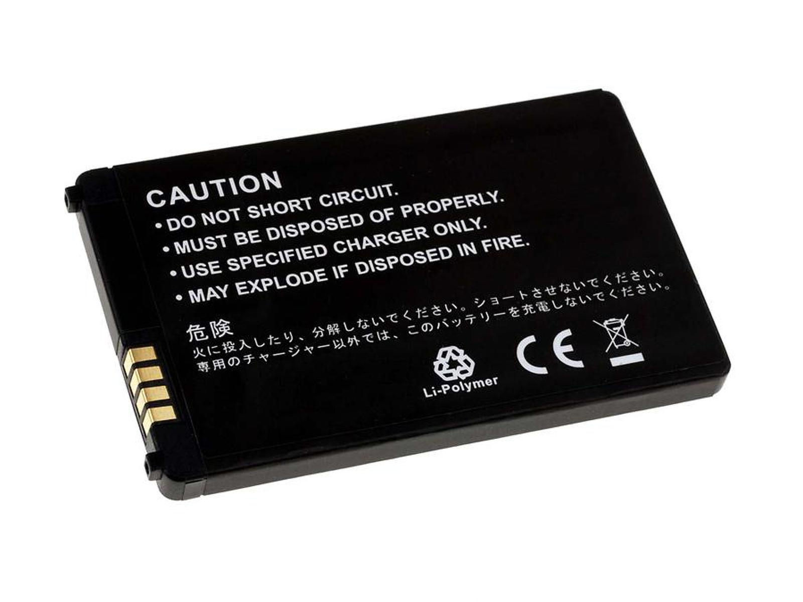 Batería rectangular negra con texto 'CAUTION' y advertencias en inglés y japonés. Símbolos CE y Li-Polymer.