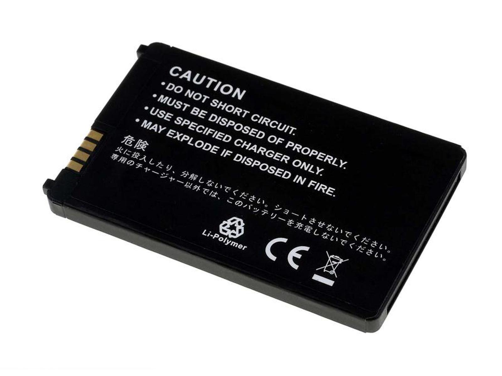 Una batería Li-Polymer rectangular negra, con advertencias de seguridad y logotipos.