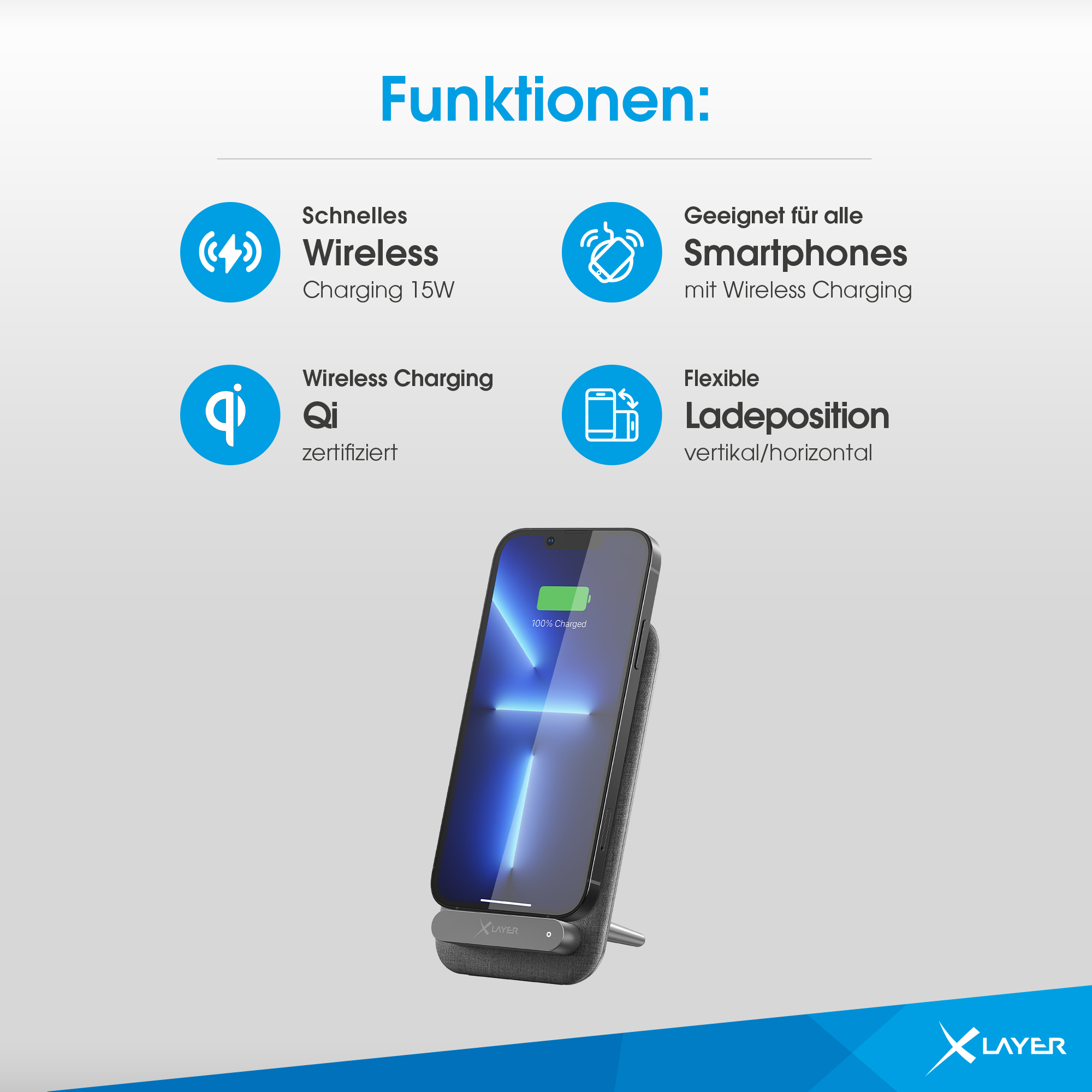Kabelloses Ladegerät mit einem Telefon darauf, das geladen wird. Text und Symbole zum kabellosen Laden.