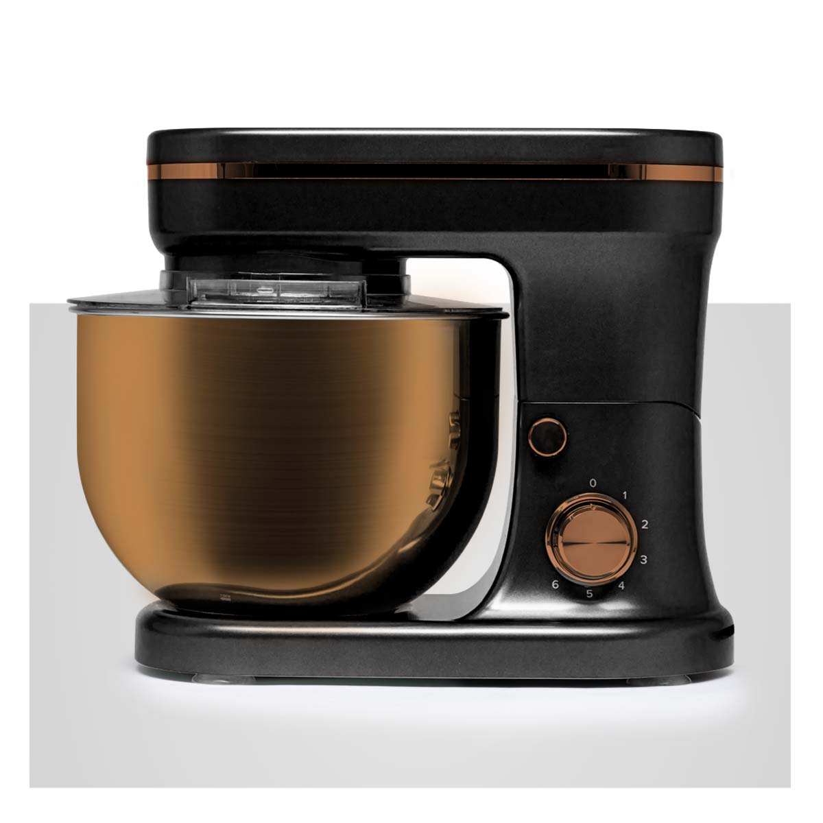 A black and copper-colored stand mixer on a white background.