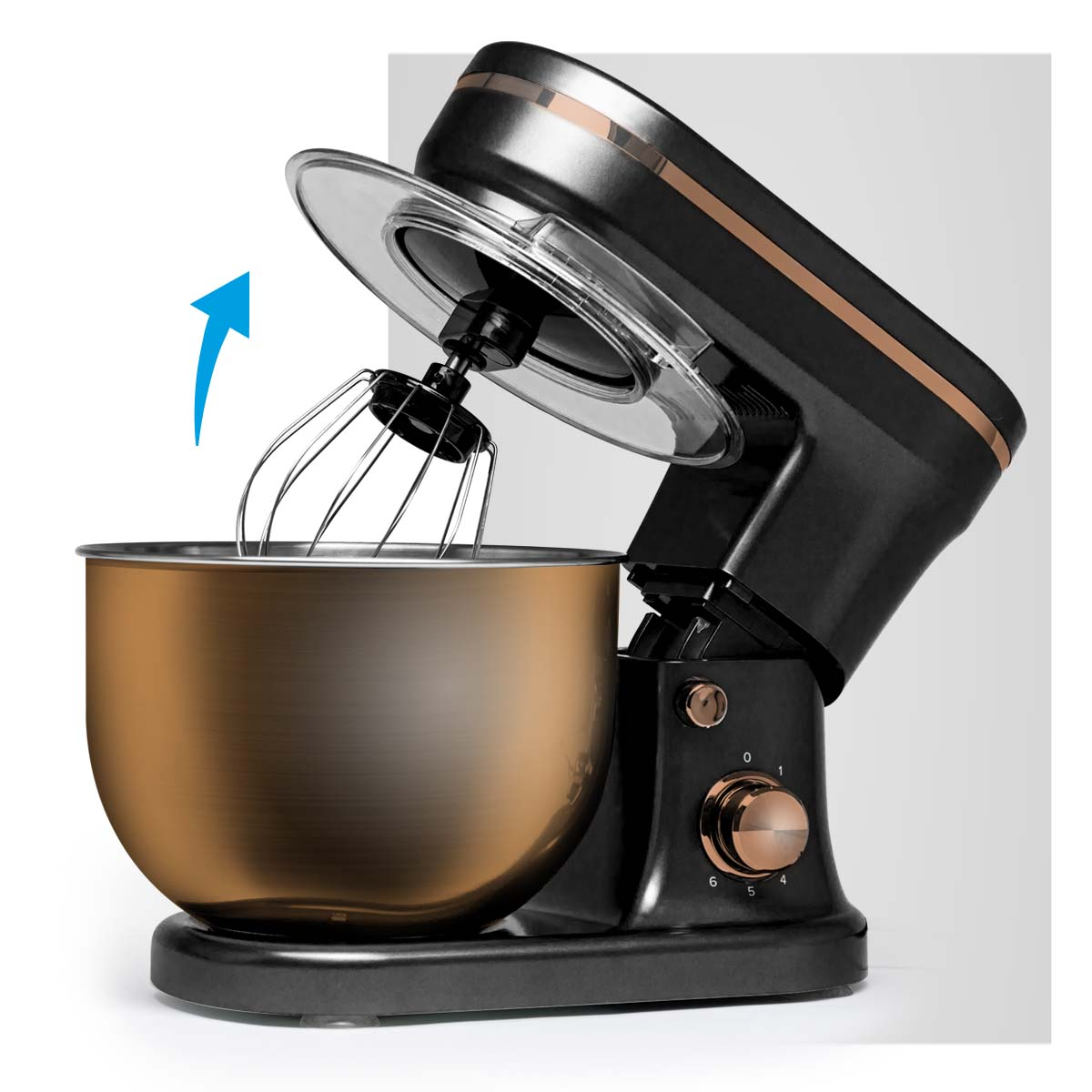 Black and bronze stand mixer with the mixing bowl and whisk visible. A blue arrow is shown.