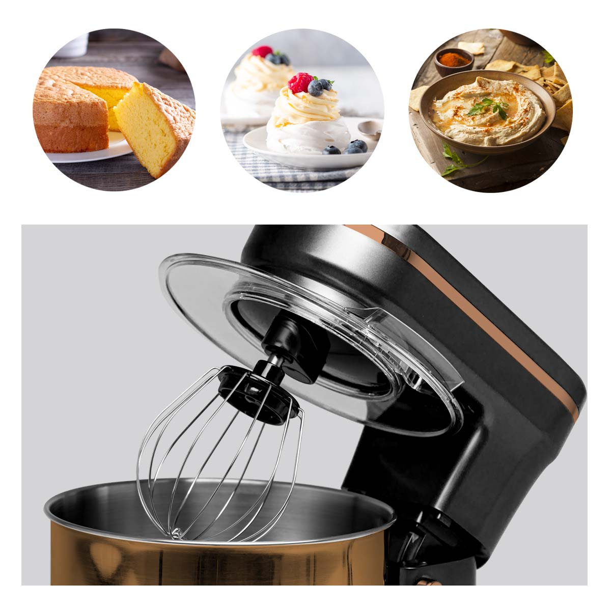 A food scene: cake, meringue, and hummus. A mixer with a whisk is in the foreground.