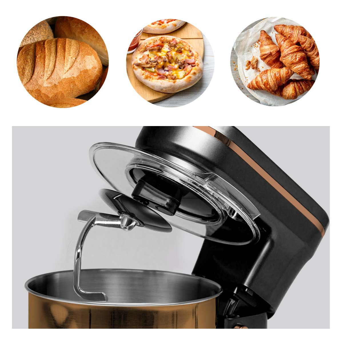 A mixer with bread, pizza, and croissants in circles above it.