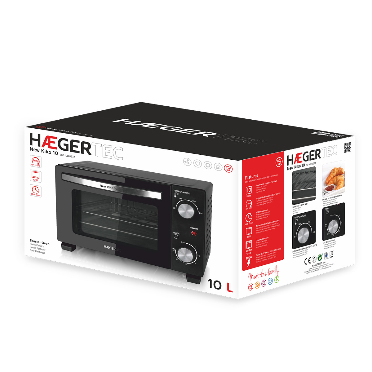 Horno tostador negro Haegertec de 10L con perillas de control sobre fondo blanco.