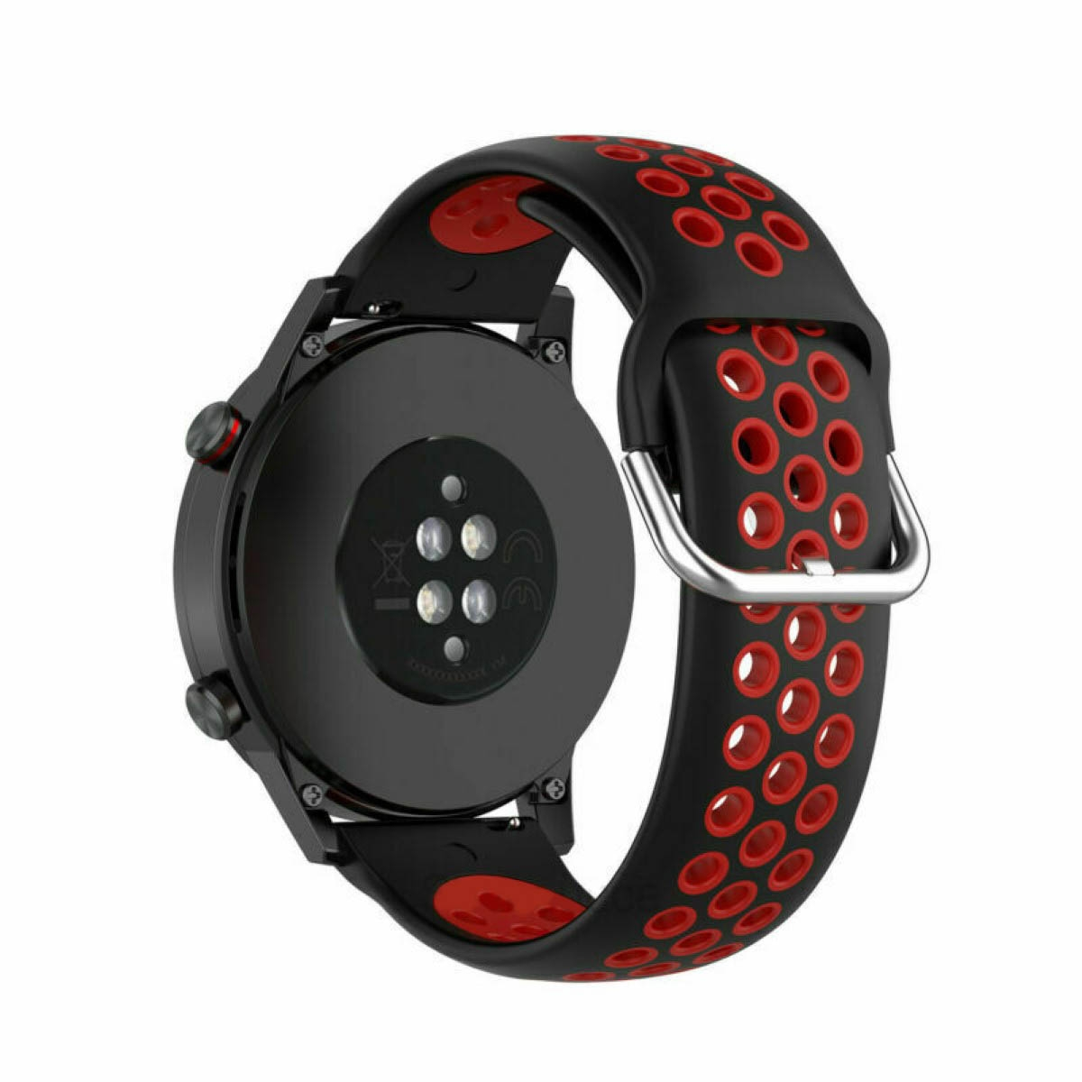 Schwarze Smartwatch mit roten Akzenten, Band ist schwarz mit roten Löchern, Metallschnalle, kreisförmiger Körper.